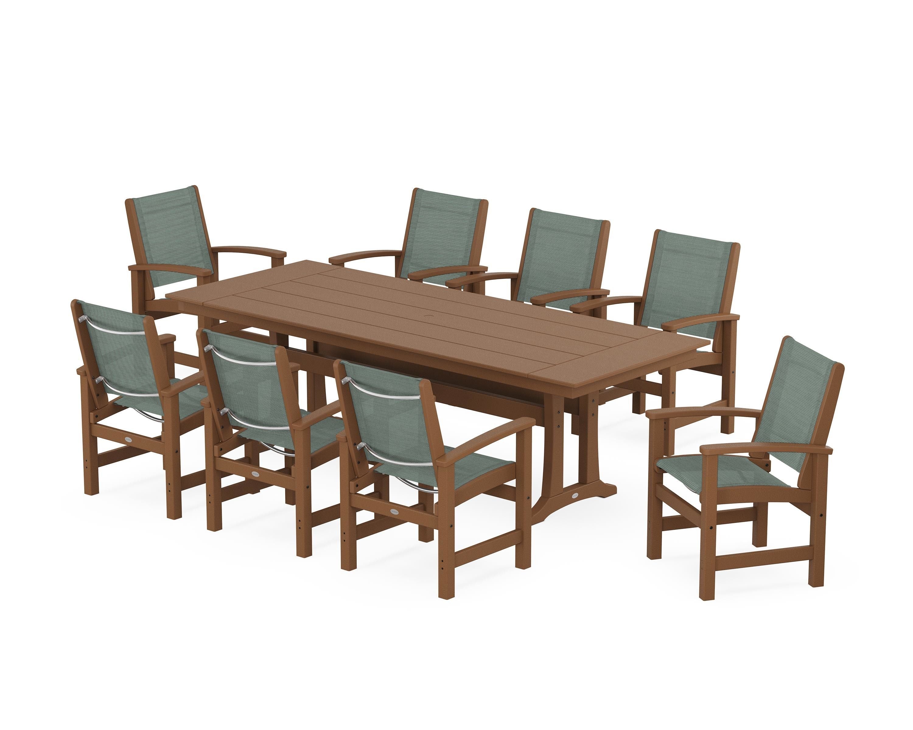 POLYWOOD® Coastal 9-Piece Farmhouse Dining Set with Trestle Legs in Teak / Dupioni Sea Mist Sling