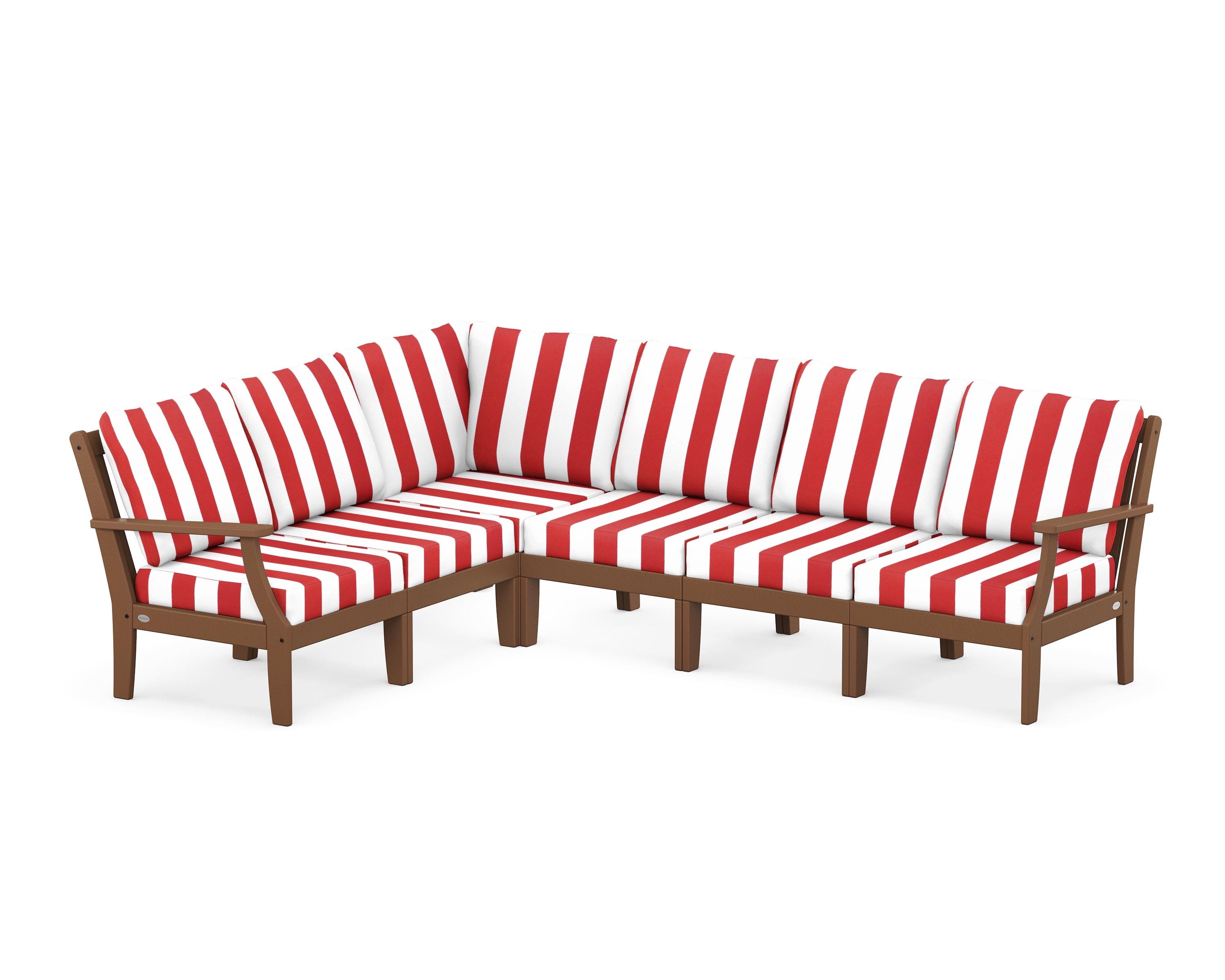 POLYWOOD® Braxton Modular 6-Piece Deep Seating Set in Teak / Cabana Stripe Crimson