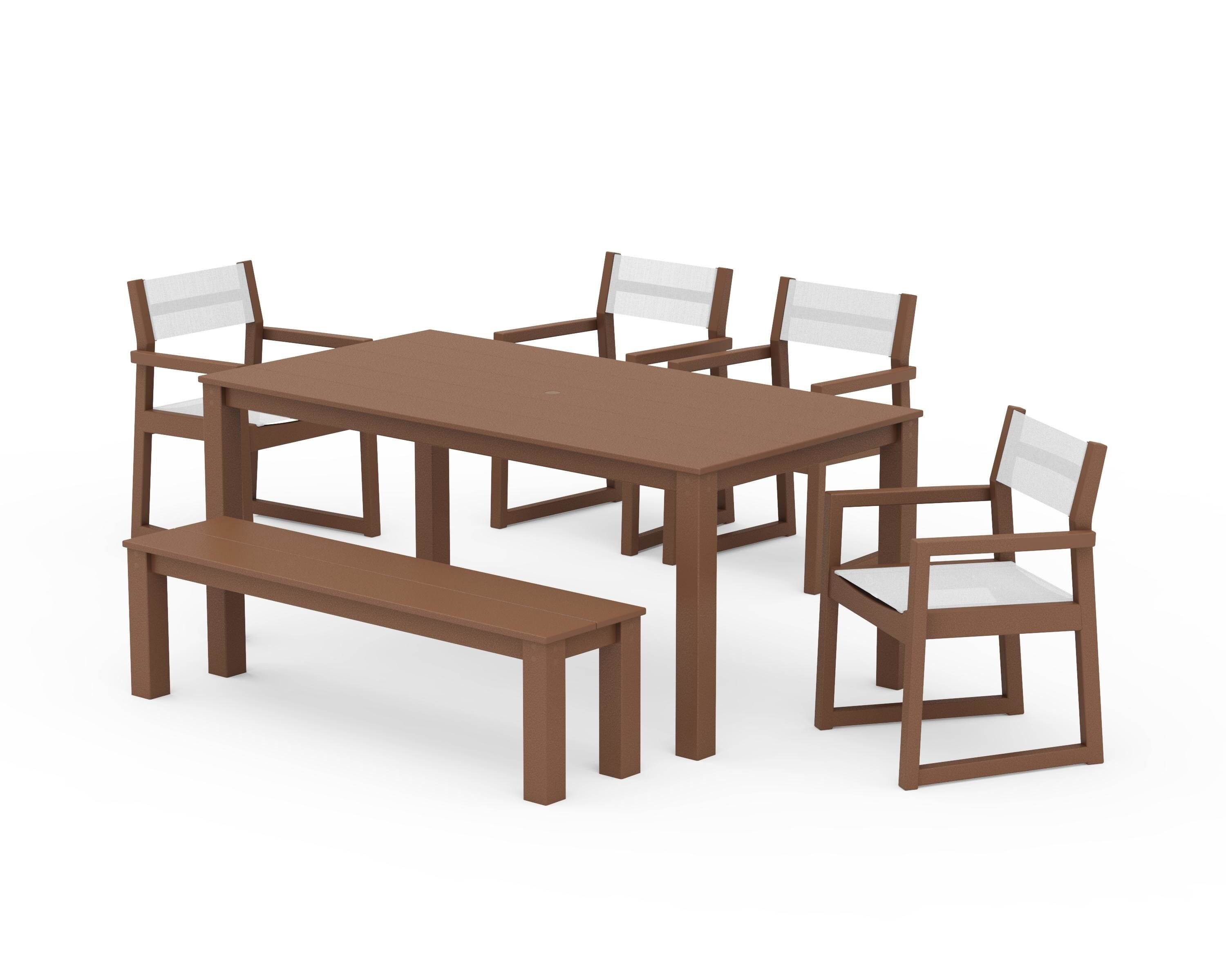 POLYWOOD® EDGE Sling Arm Chair 6-Piece Parsons Dining Set with Bench in Teak / White Sling