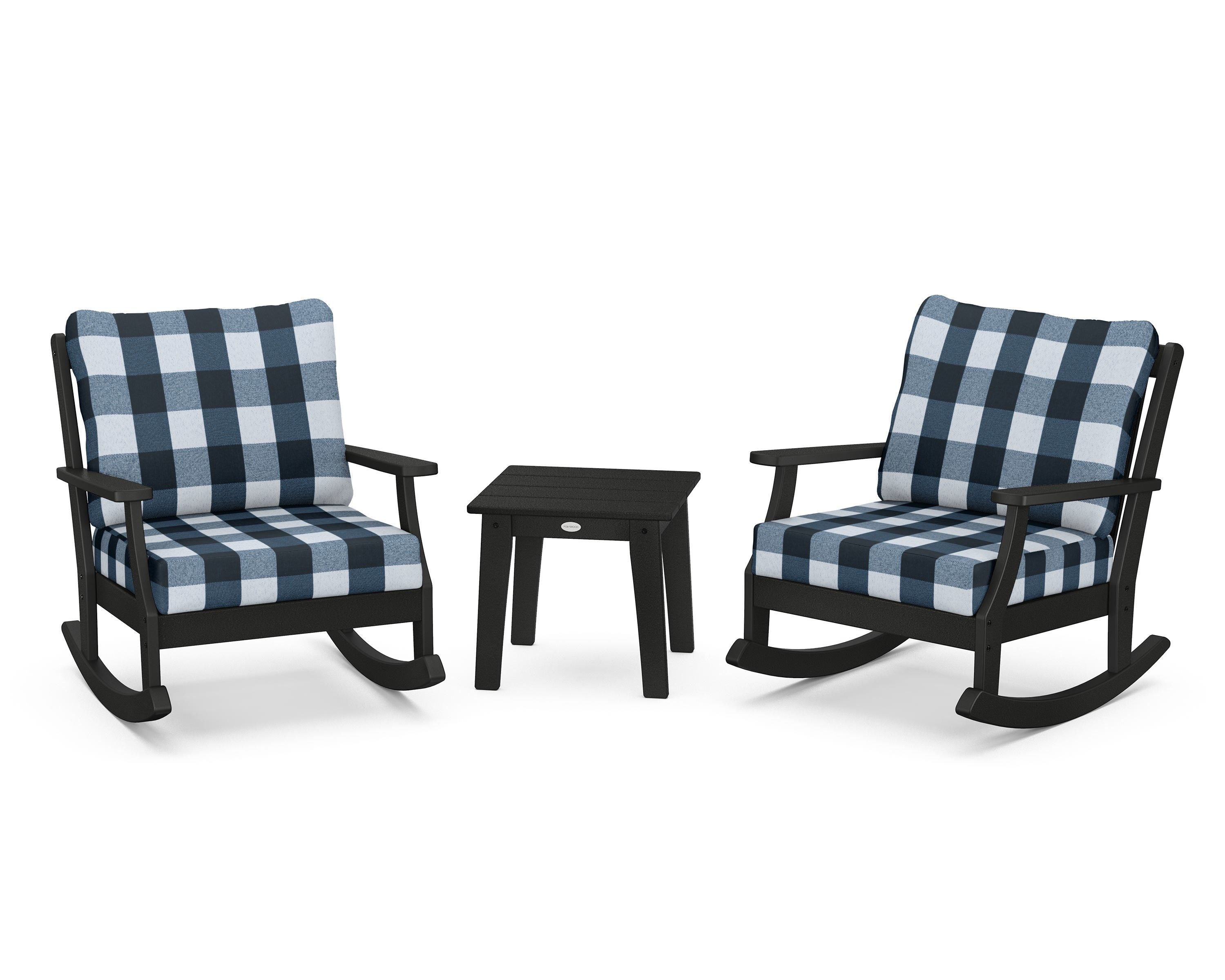 POLYWOOD® Braxton 3-Piece Deep Seating Rocker Set in Black / Buffalo Plaid Marine Indigo