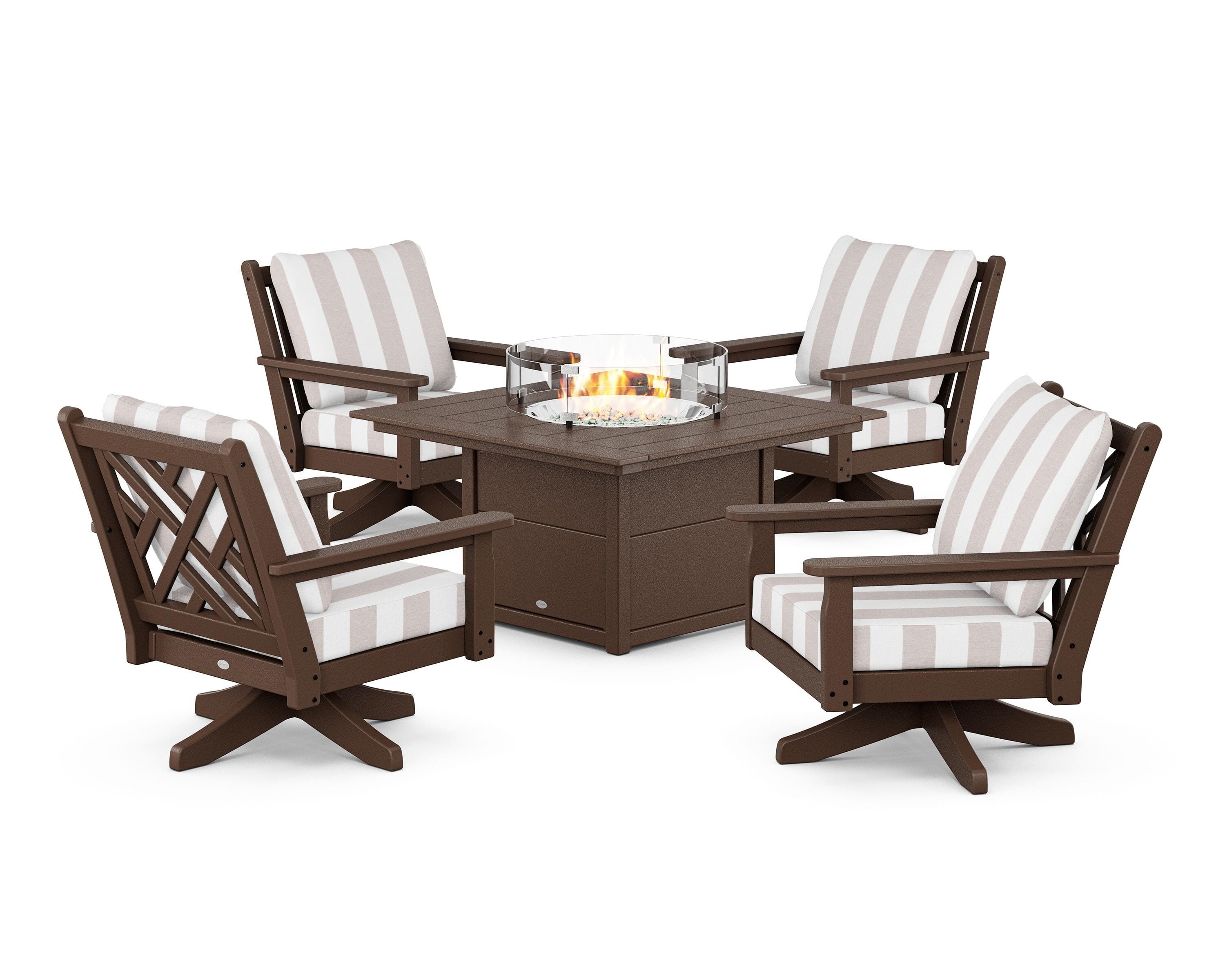 POLYWOOD® Chippendale 5-Piece Deep Seating Swivel Conversation Set with Fire Pit Table in Mahogany / Cabana Stripe Dune Burlap