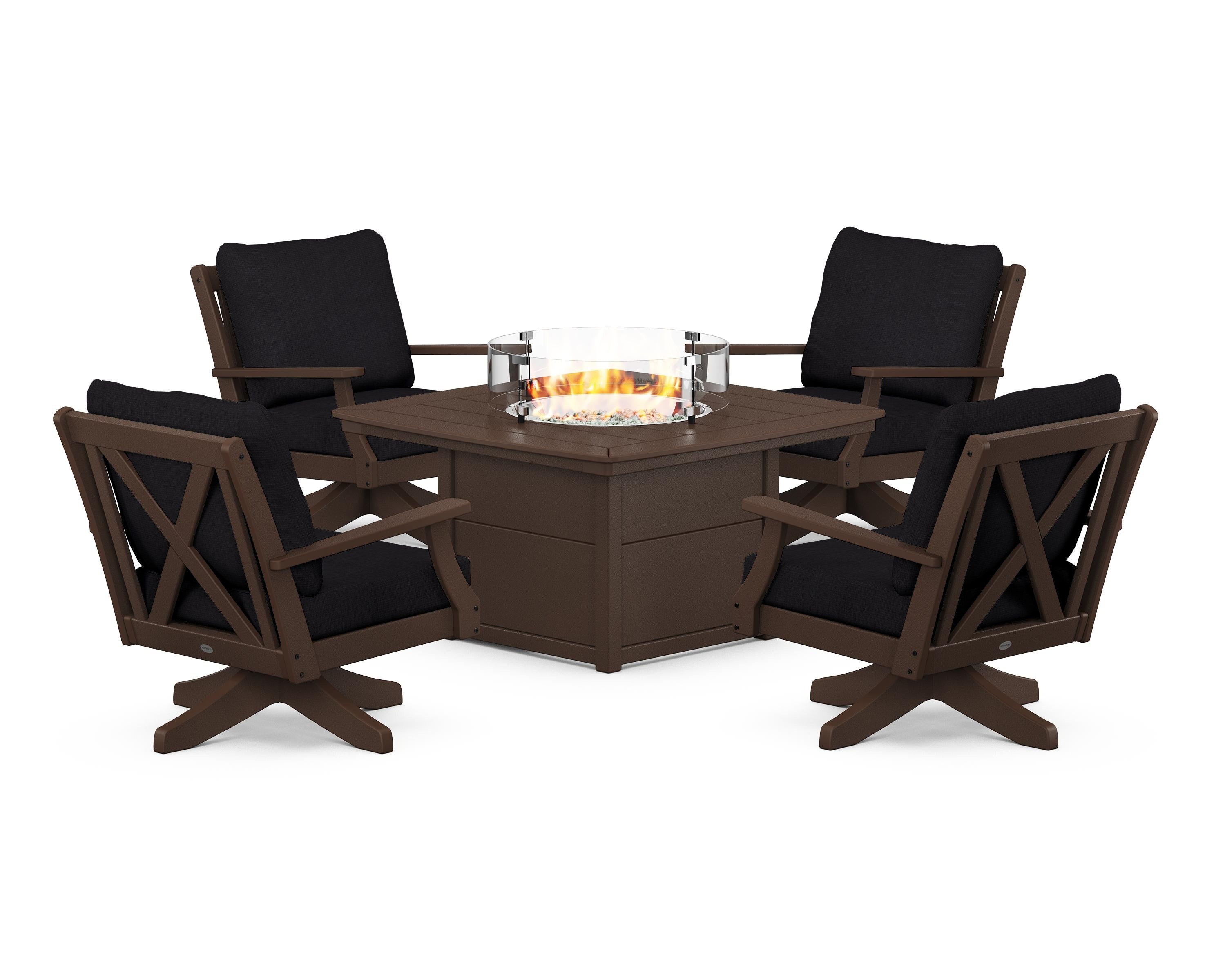 POLYWOOD® Braxton 5-Piece Deep Seating Swivel Conversation Set with Fire Pit Table in Mahogany / Midnight Linen