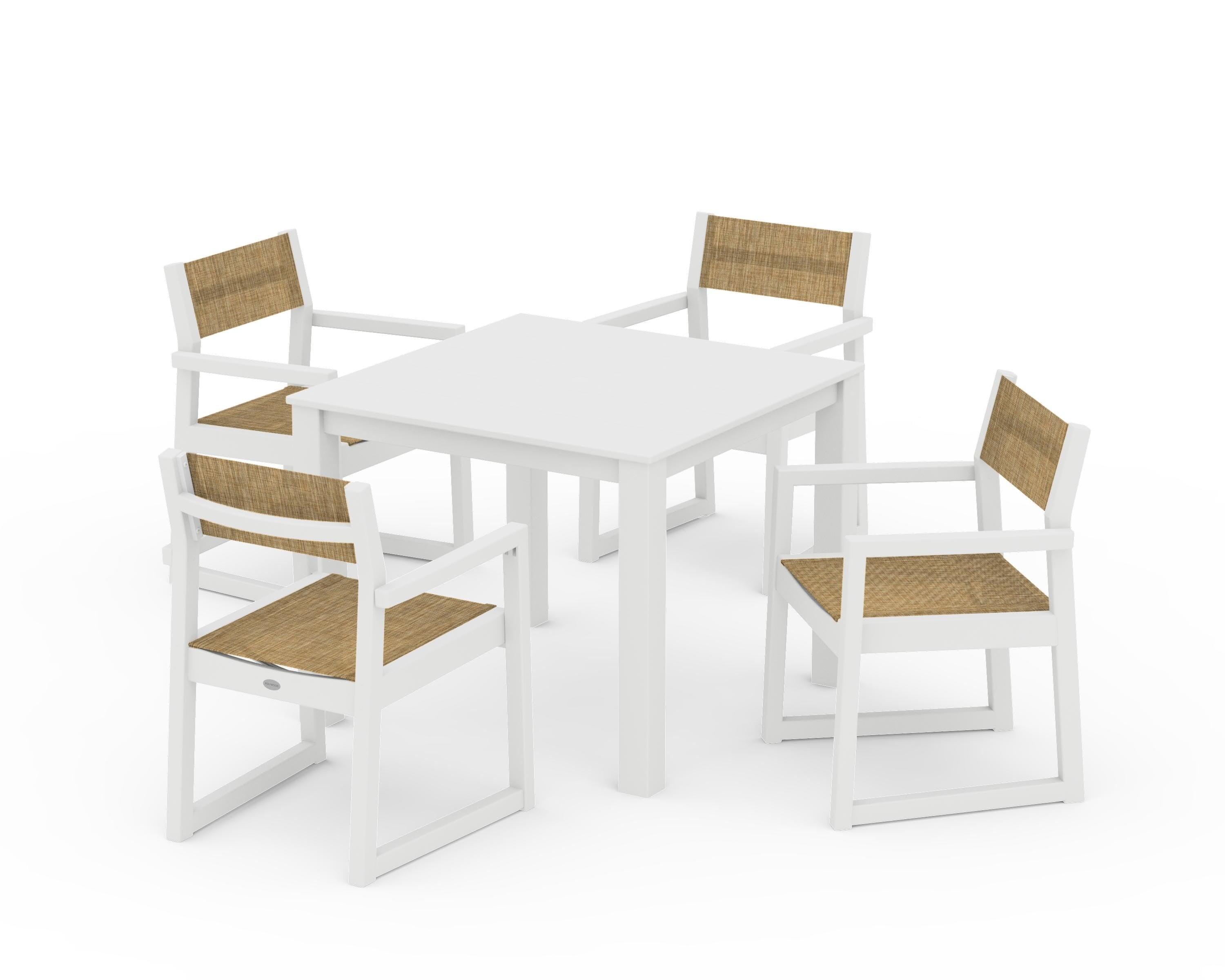 POLYWOOD® EDGE Sling Arm Chair 5-Piece Parsons Dining Set in White / Burlap Sling