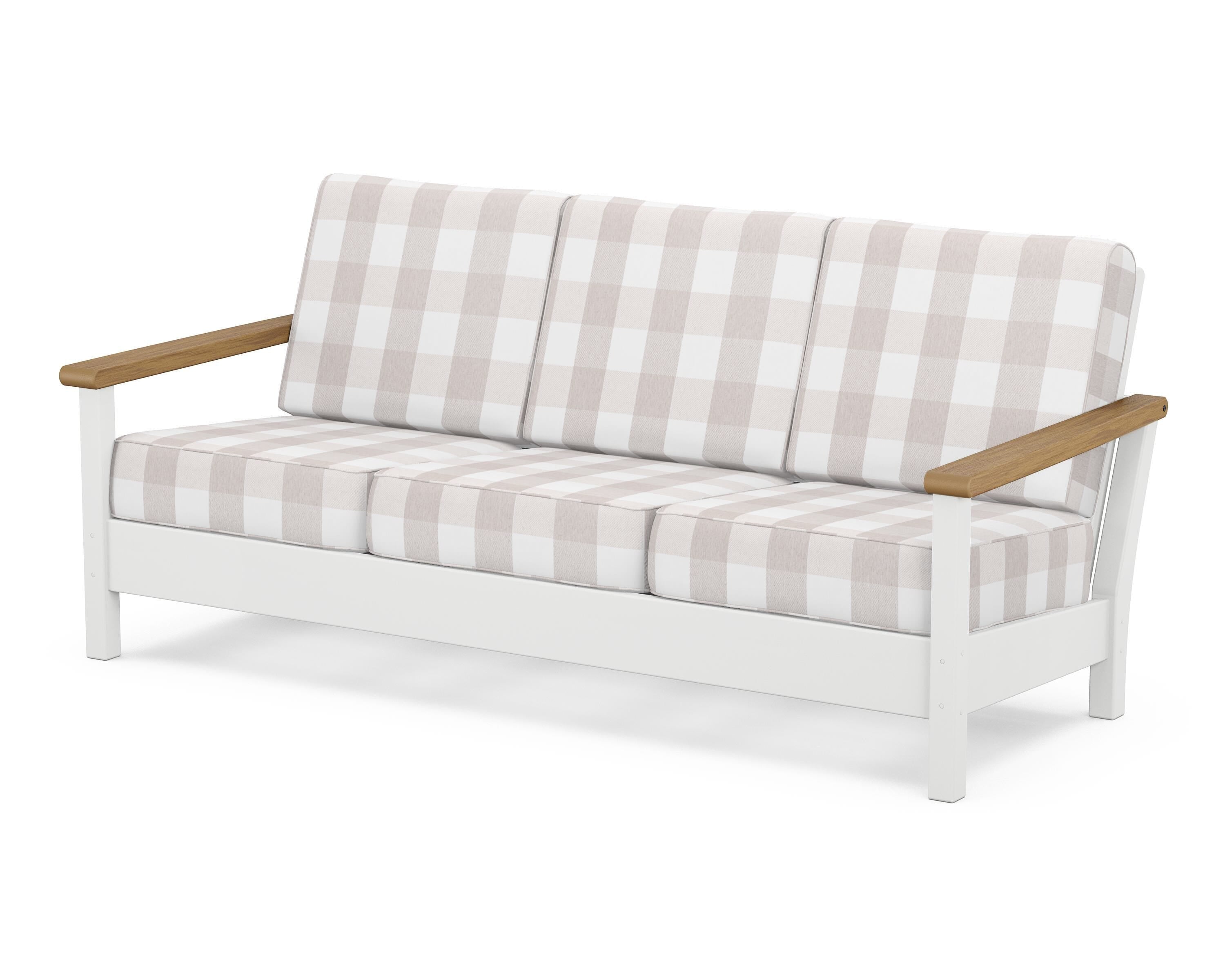 POLYWOOD® Harbour Deep Seating Sofa in White / Natural / Buffalo Plaid Dune Burlap