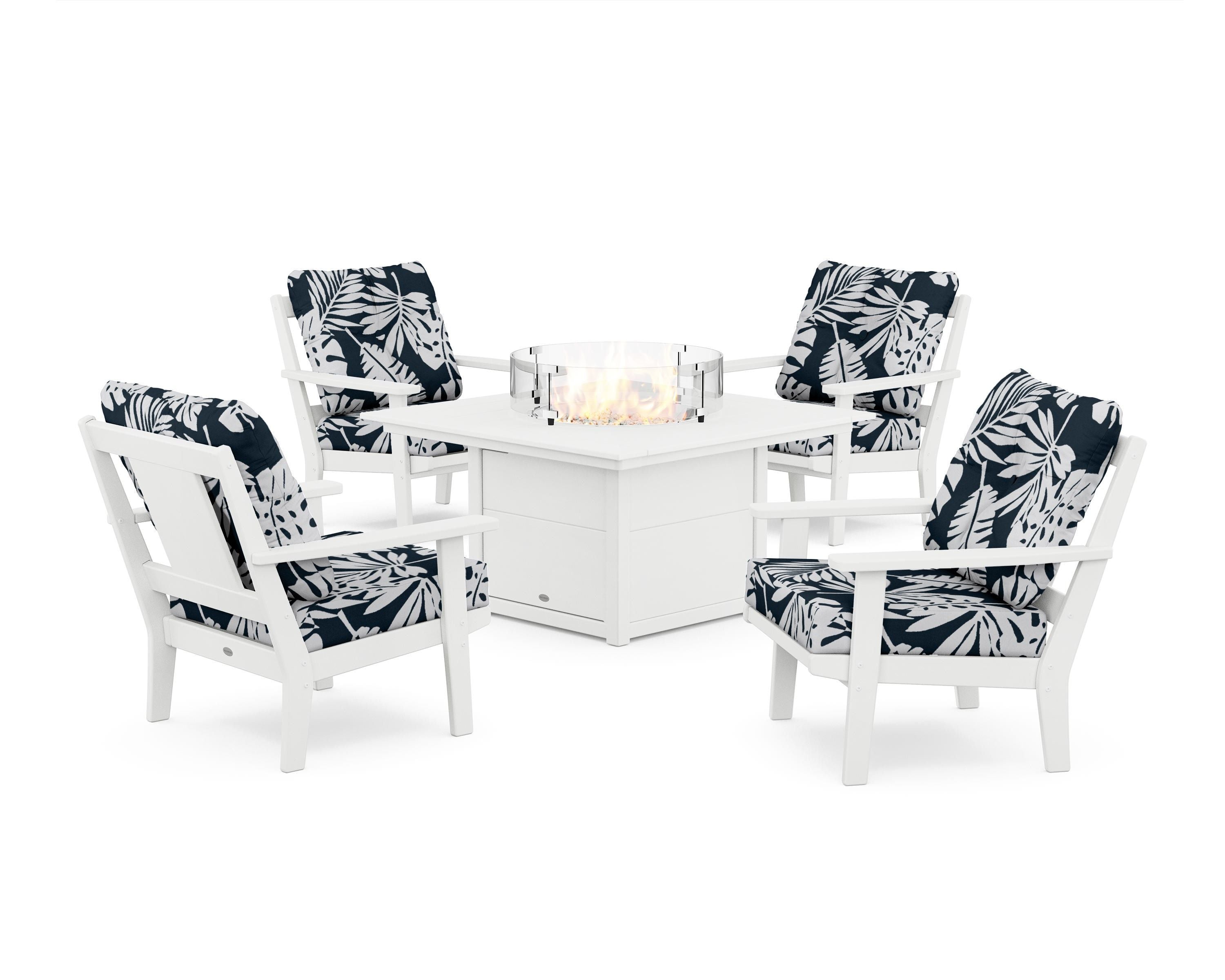 POLYWOOD® Prairie 5-Piece Deep Seating Set with Fire Pit Table in White / Leaf Marine Indigo