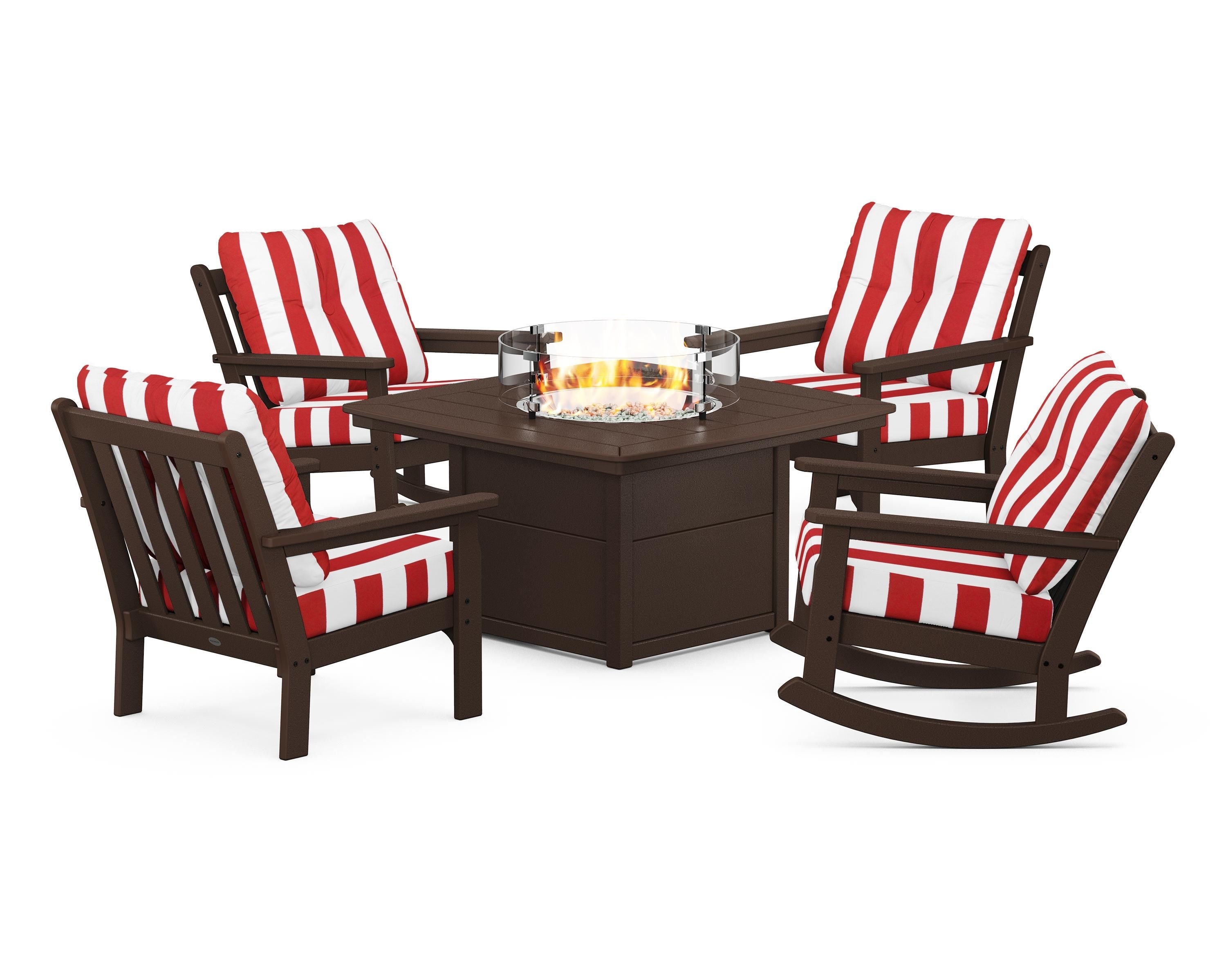 POLYWOOD® Vineyard 5-Piece Deep Seating Rocking Chair Conversation Set with Fire Pit Table in Mahogany / Cabana Stripe Crimson