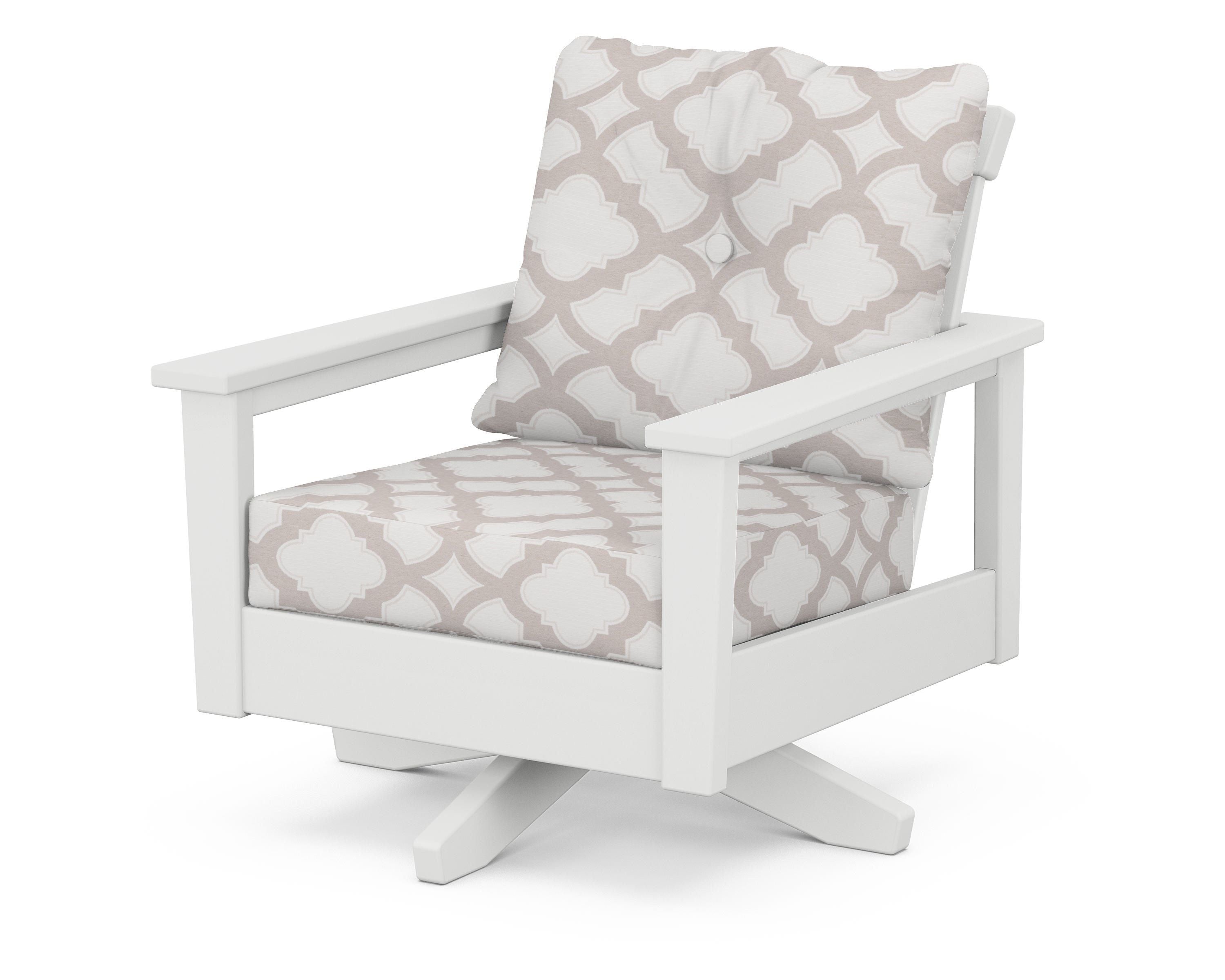 POLYWOOD® Prescott Deep Seating Swivel Chair in White / Trellis Dune Burlap
