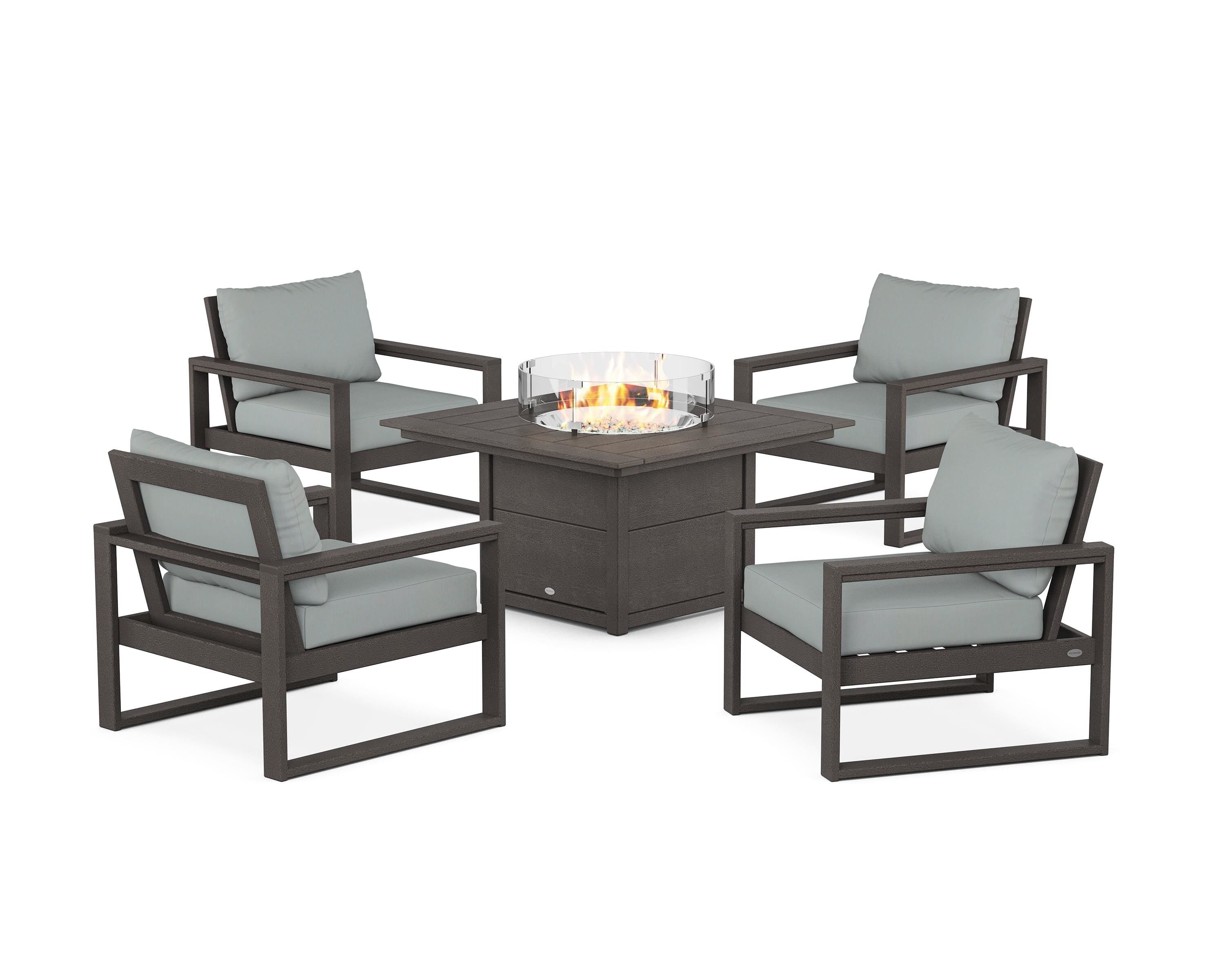 POLYWOOD® EDGE Sectional 5-Piece Deep Seating Set with Fire Pit Table in Vintage Coffee / Spa