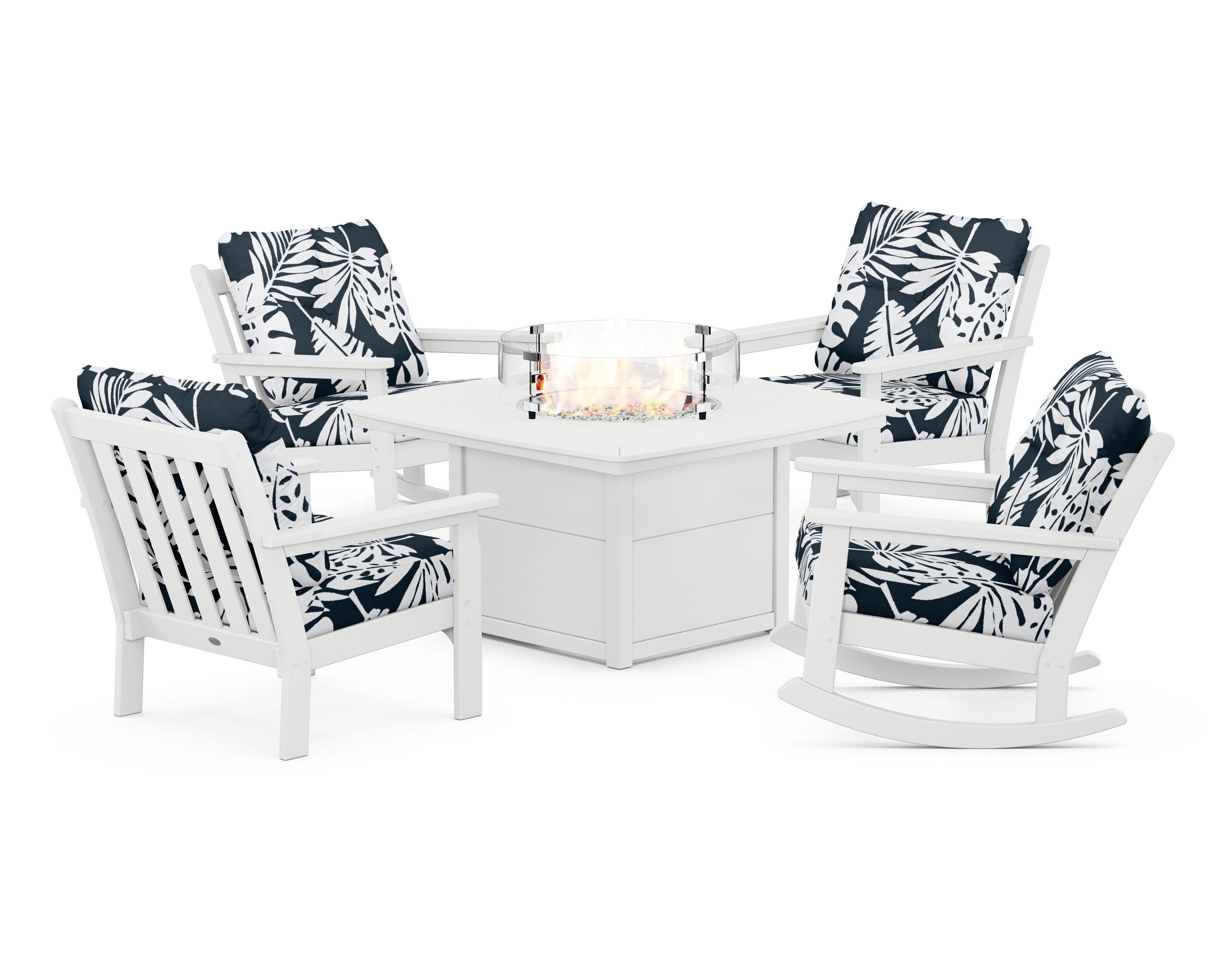POLYWOOD® Vineyard 5-Piece Deep Seating Rocking Chair Conversation Set with Fire Pit Table in White / Leaf Marine Indigo
