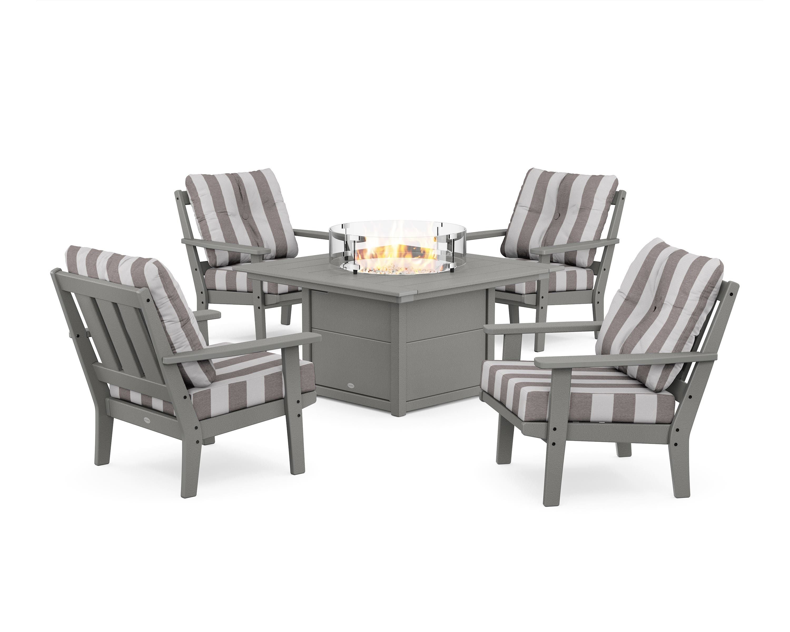 POLYWOOD® Oxford 5-Piece Deep Seating Set with Fire Pit Table in Slate Grey / Cabana Stripe Grey Mist
