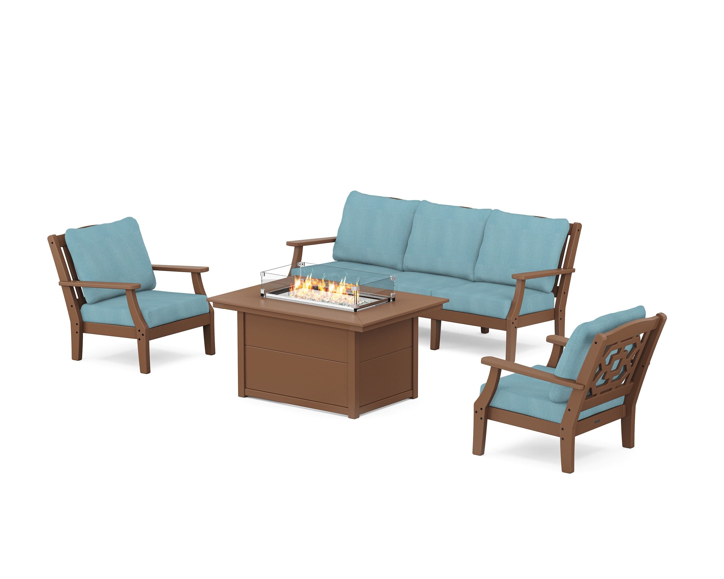 Martha Stewart by POLYWOOD® Chinoiserie Deep Seating Fire Pit Table Set in Teak / Lattice Sky Blue