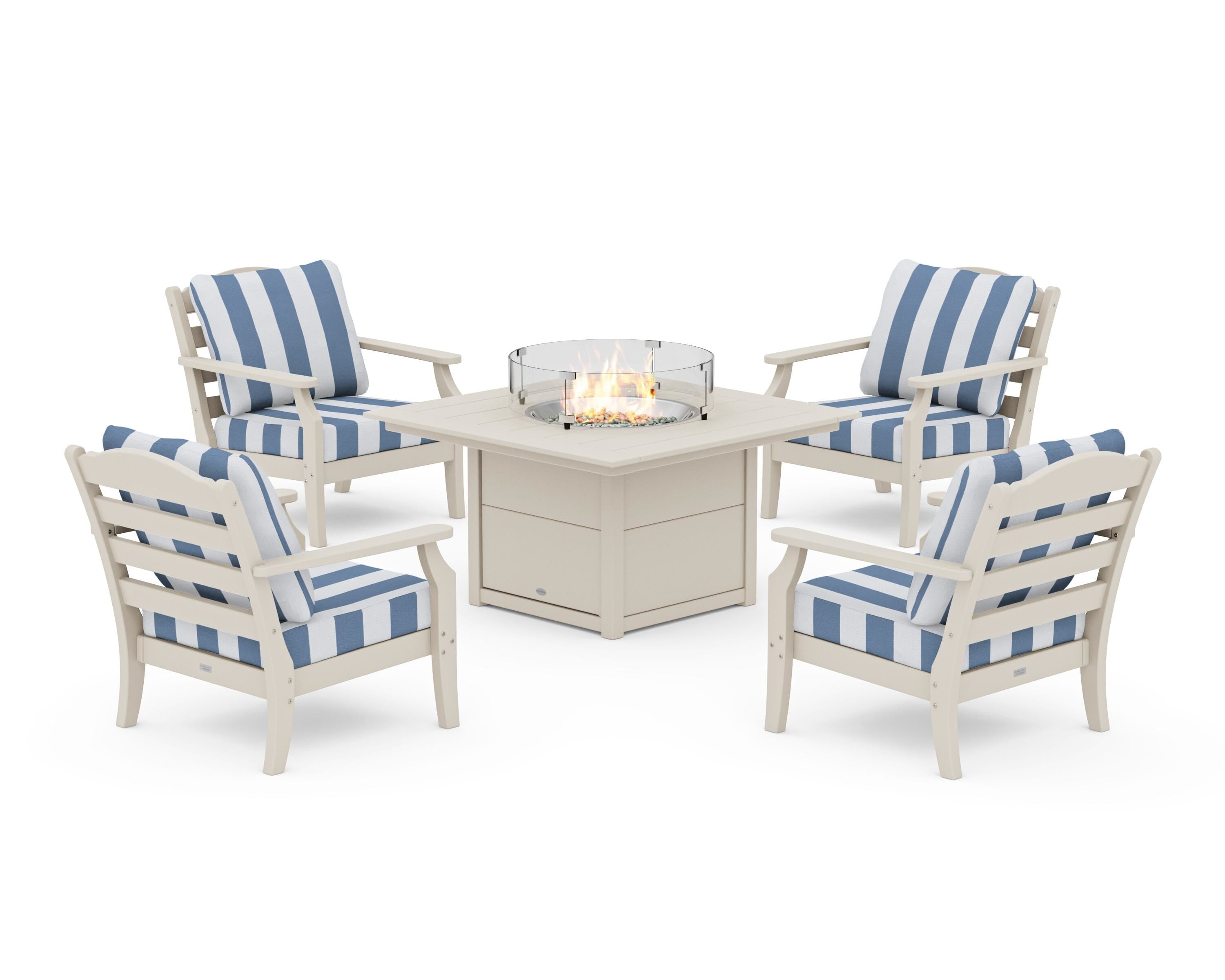 Draper James™ by POLYWOOD® Savannah 5-Piece Deep Seating Set with Fire Pit Table in Sand / Cabana Stripe Sky Blue