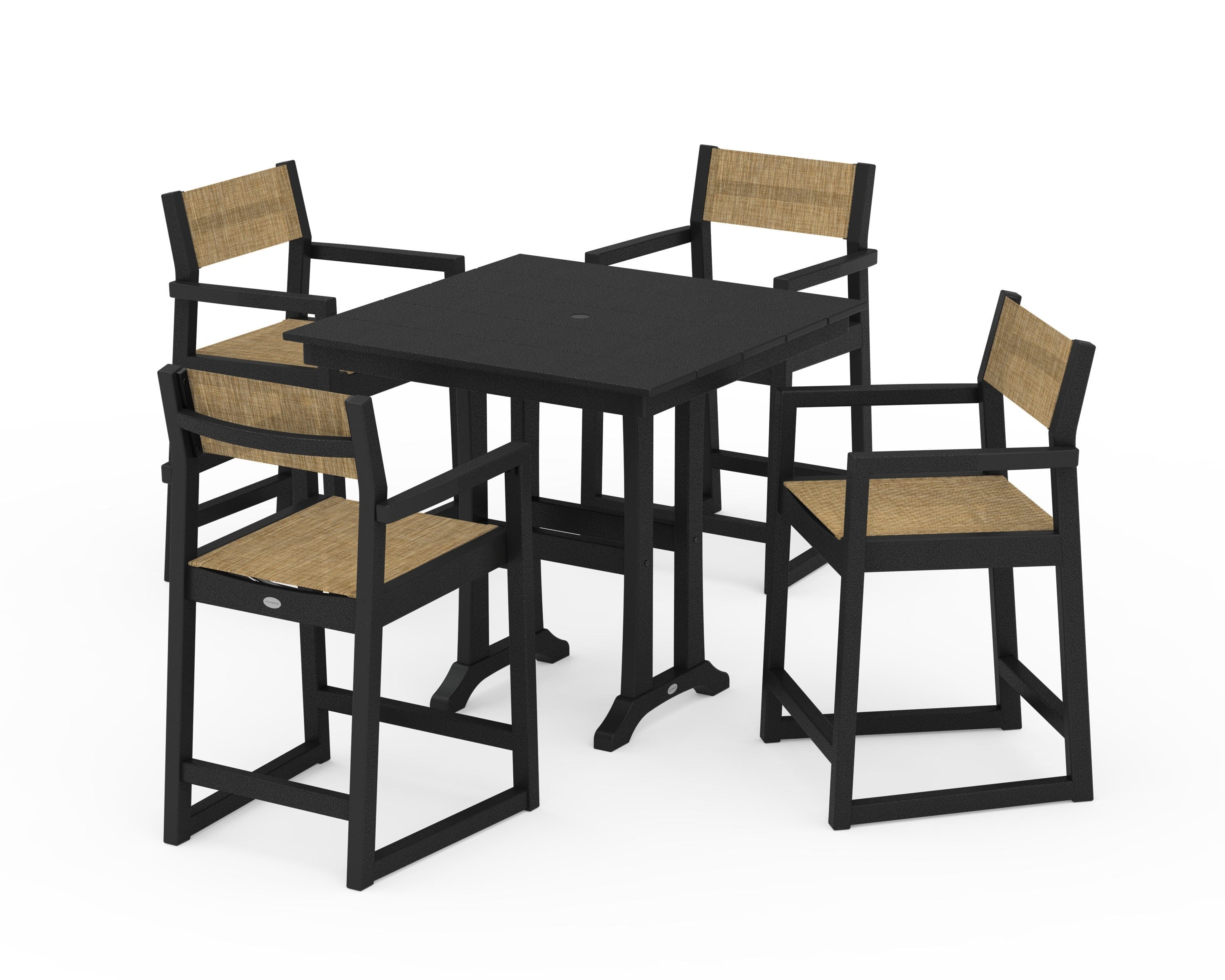 POLYWOOD® EDGE Sling Arm Chair 5-Piece Farmhouse Counter Set with Trestle Legs in Black / Burlap Sling