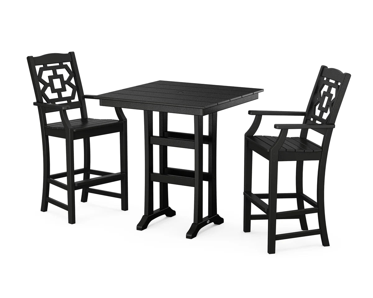 Chinoiserie 3-Piece Farmhouse Bar Set with Trestle Legs