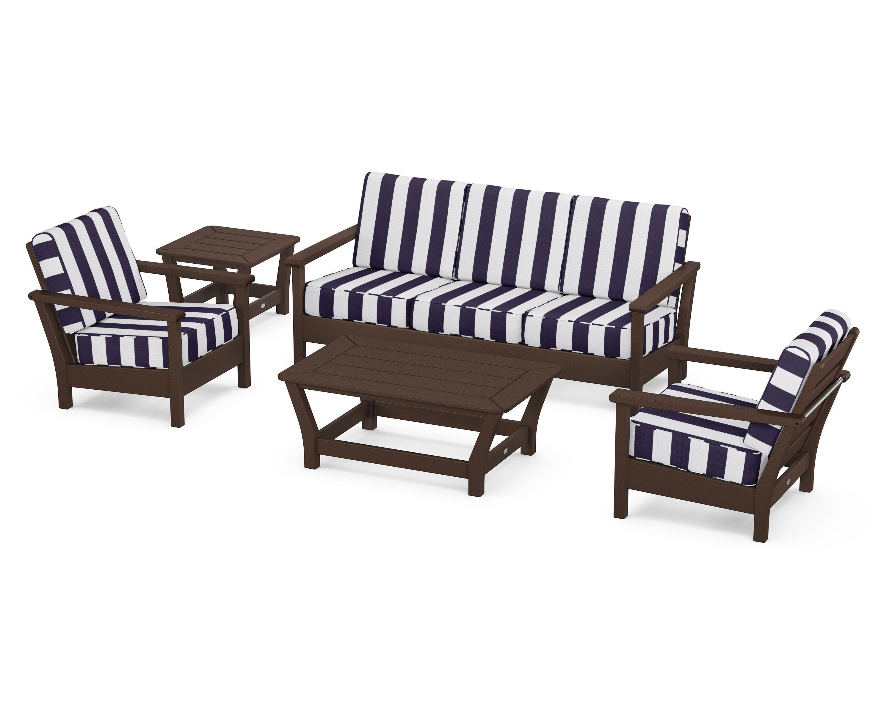 POLYWOOD® Harbour 5-Piece Deep Seating Set in Mahogany / Cabana Stripe Navy