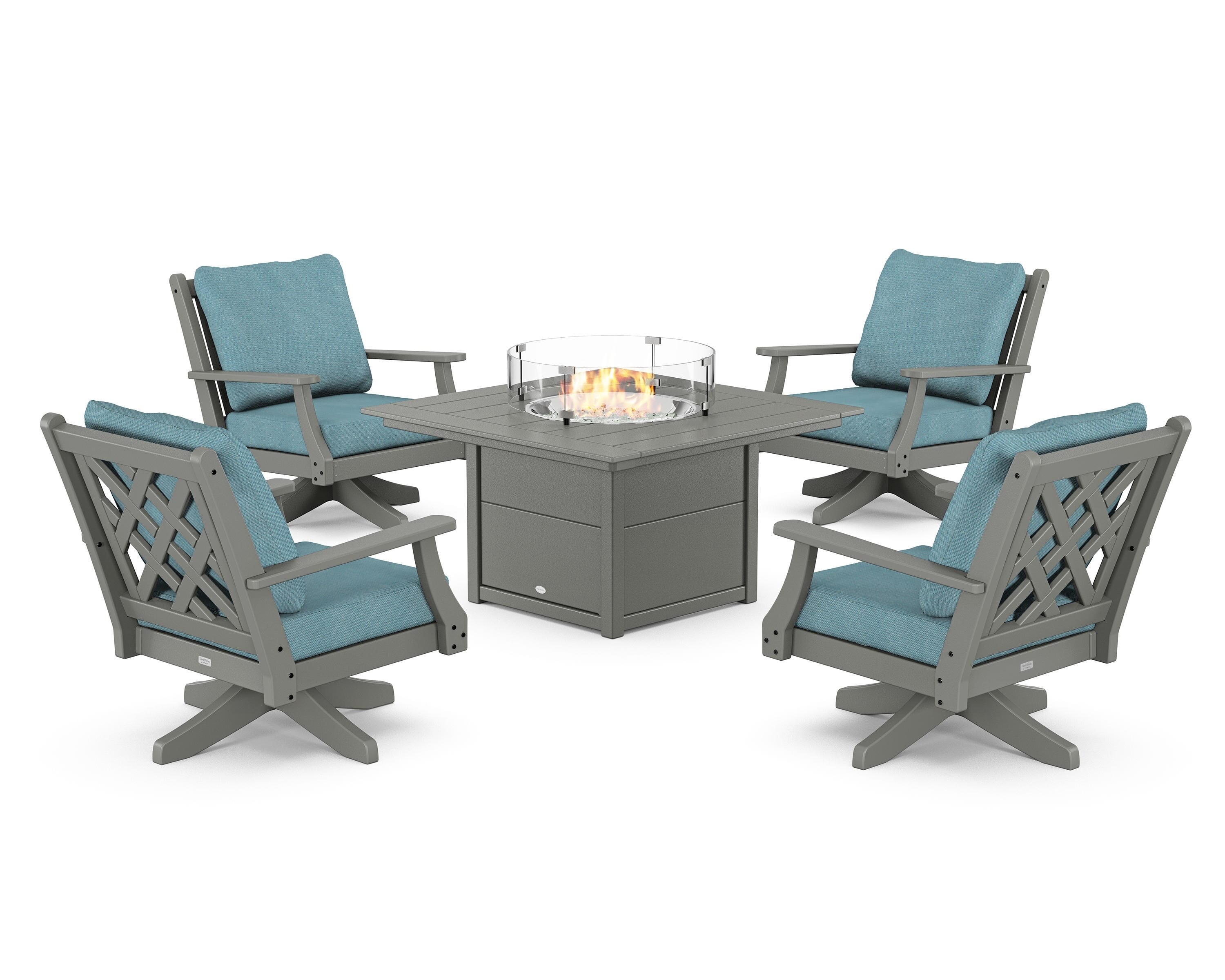 Country Living Wovendale 5-Piece Deep Seating Swivel Conversation Set with Fire Pit Table in Slate Grey / Lattice Sky Blue