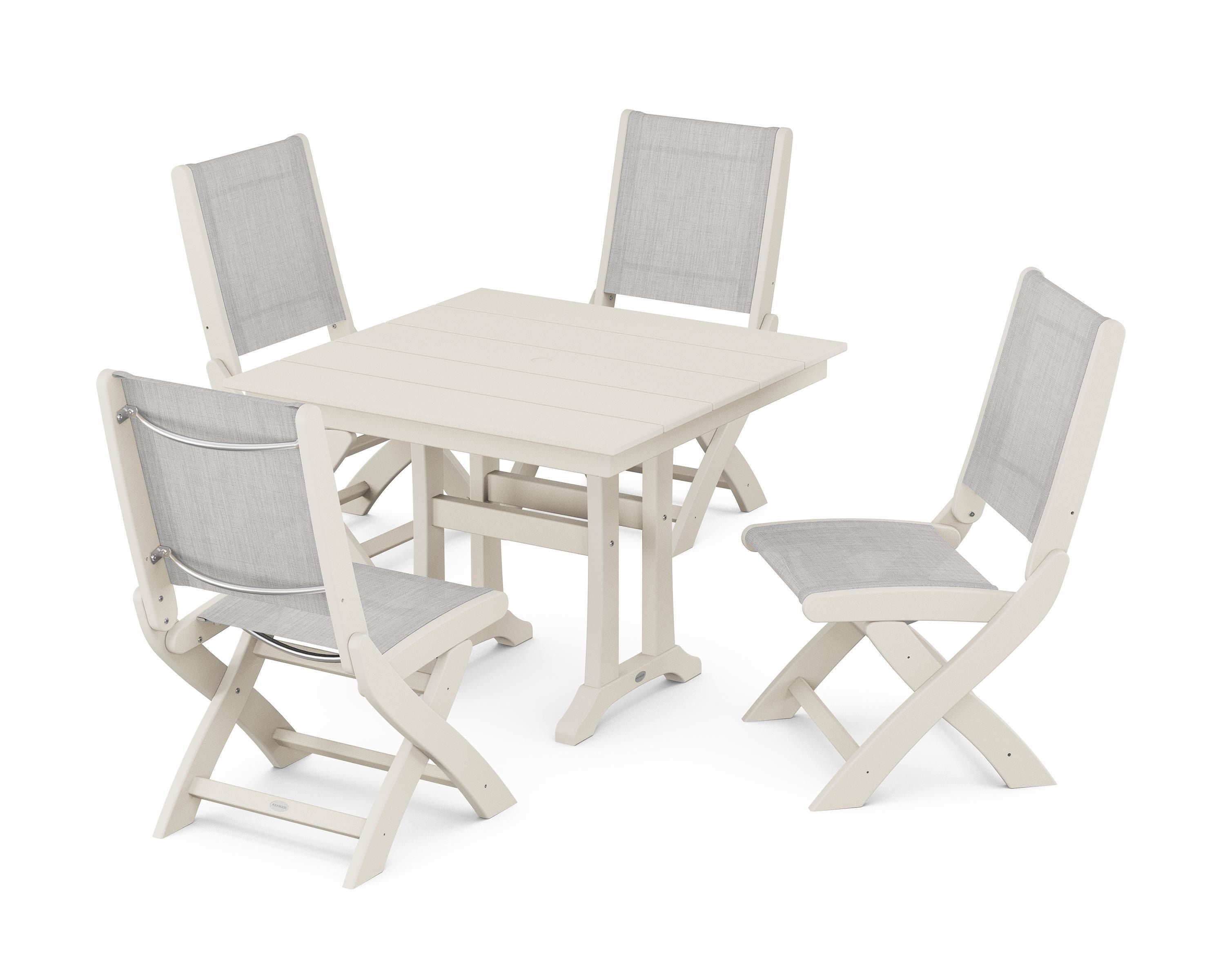 POLYWOOD® Coastal Folding Side Chair 5-Piece Farmhouse Dining Set With Trestle Legs in Sand / Parchment Sling