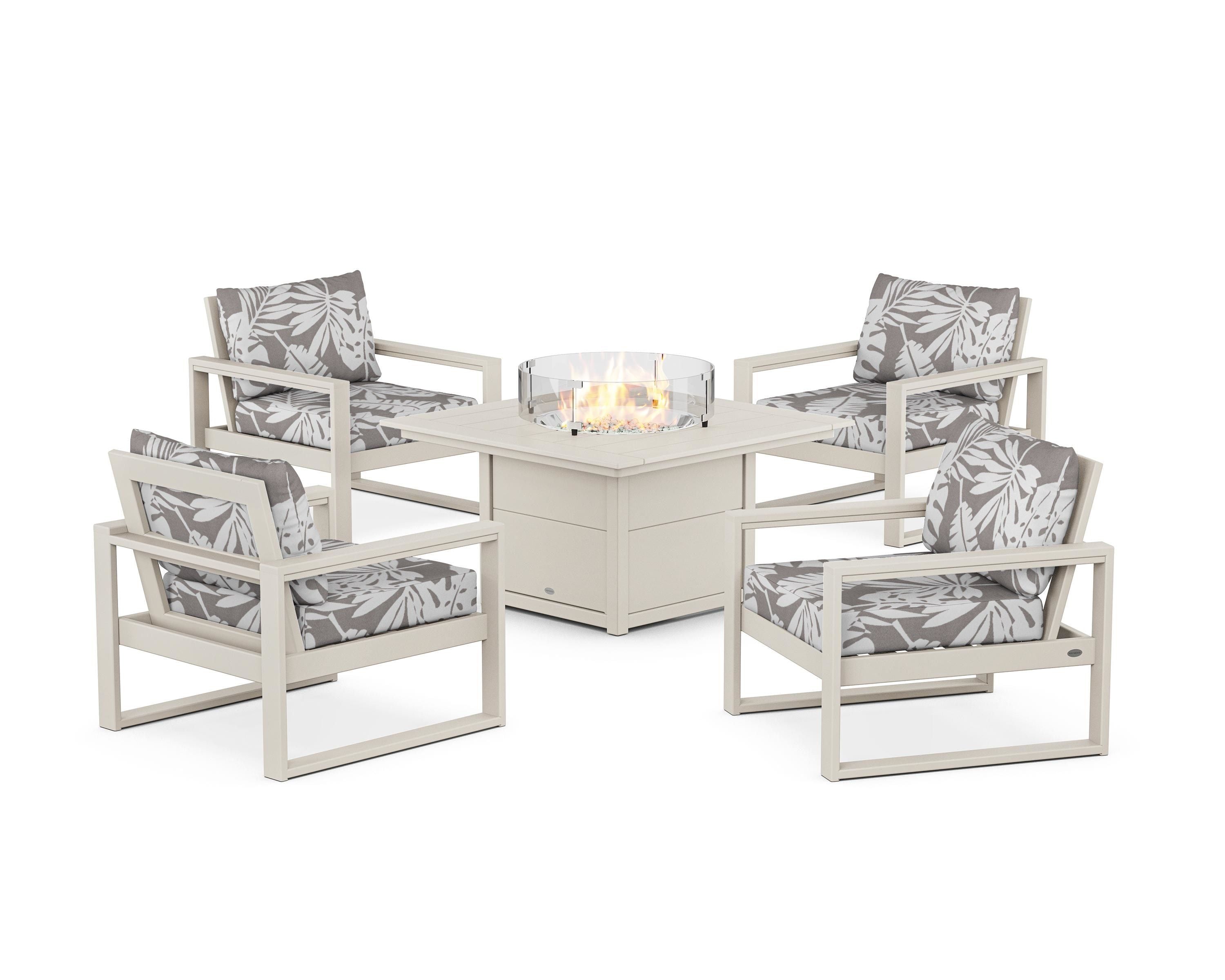 POLYWOOD® EDGE Sectional 5-Piece Deep Seating Set with Fire Pit Table in Sand / Leaf Grey Mist