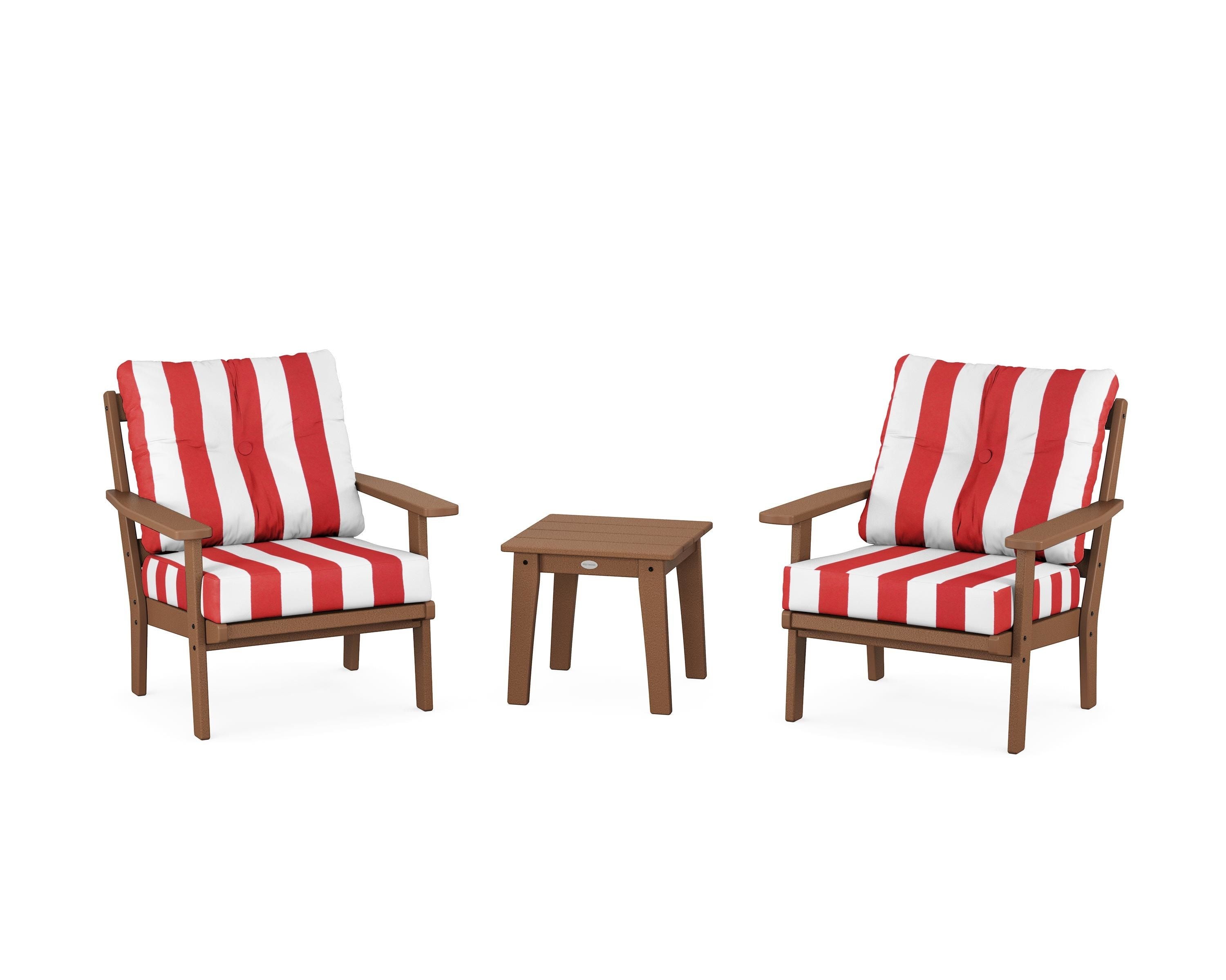 POLYWOOD® Oxford 3-Piece Deep Seating Set in Teak / Cabana Stripe Crimson