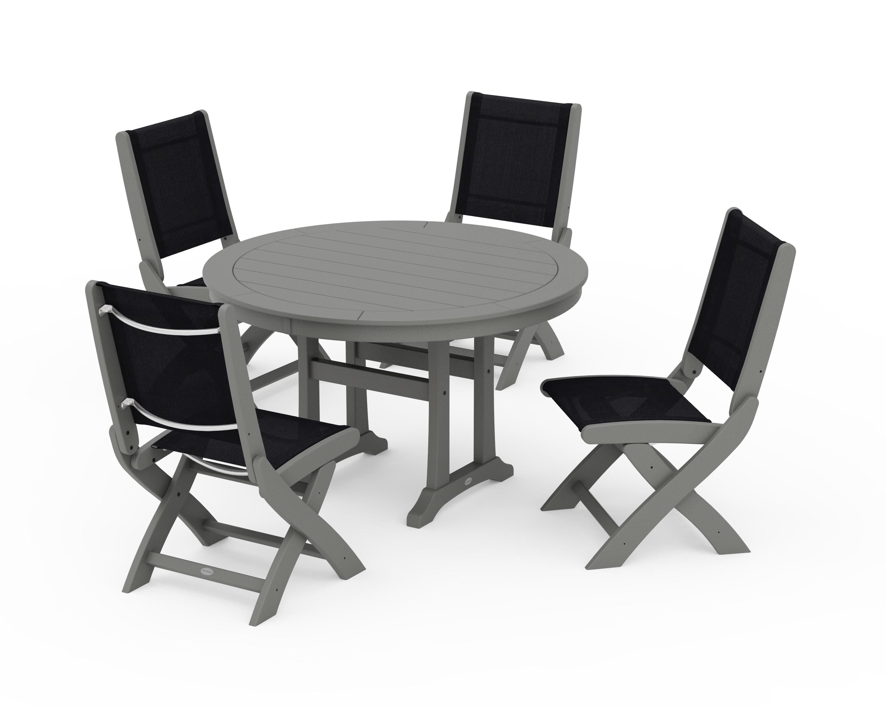 POLYWOOD® Coastal Folding Side Chair 5-Piece Round Dining Set With Trestle Legs in Slate Grey / Black Sling