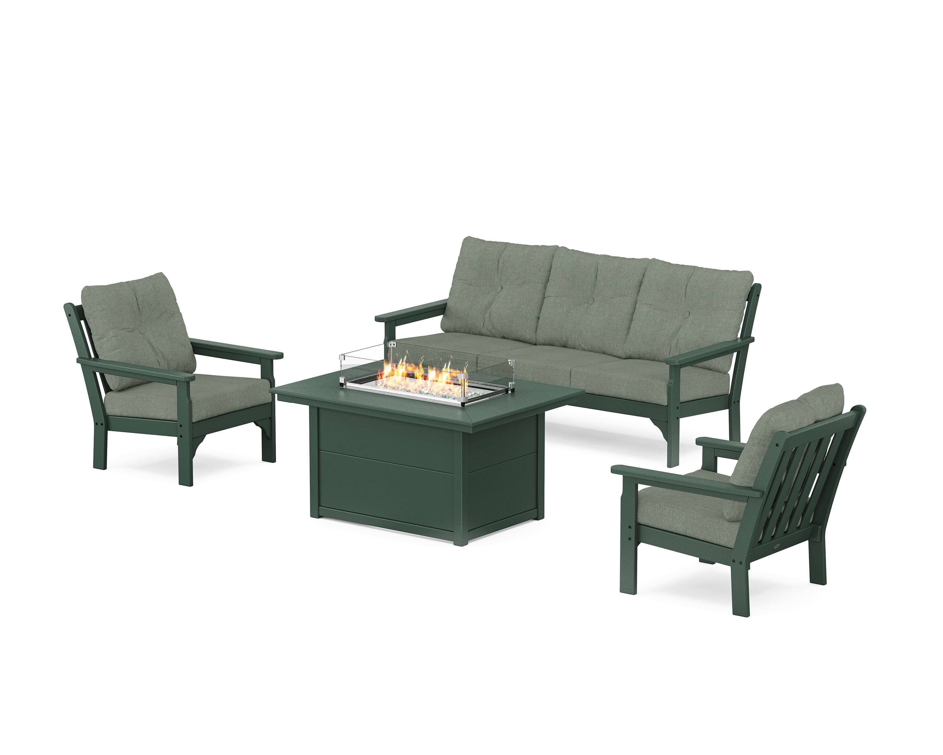 POLYWOOD® Vineyard Deep Seating Fire Pit Table Set in Green / Cast Sage