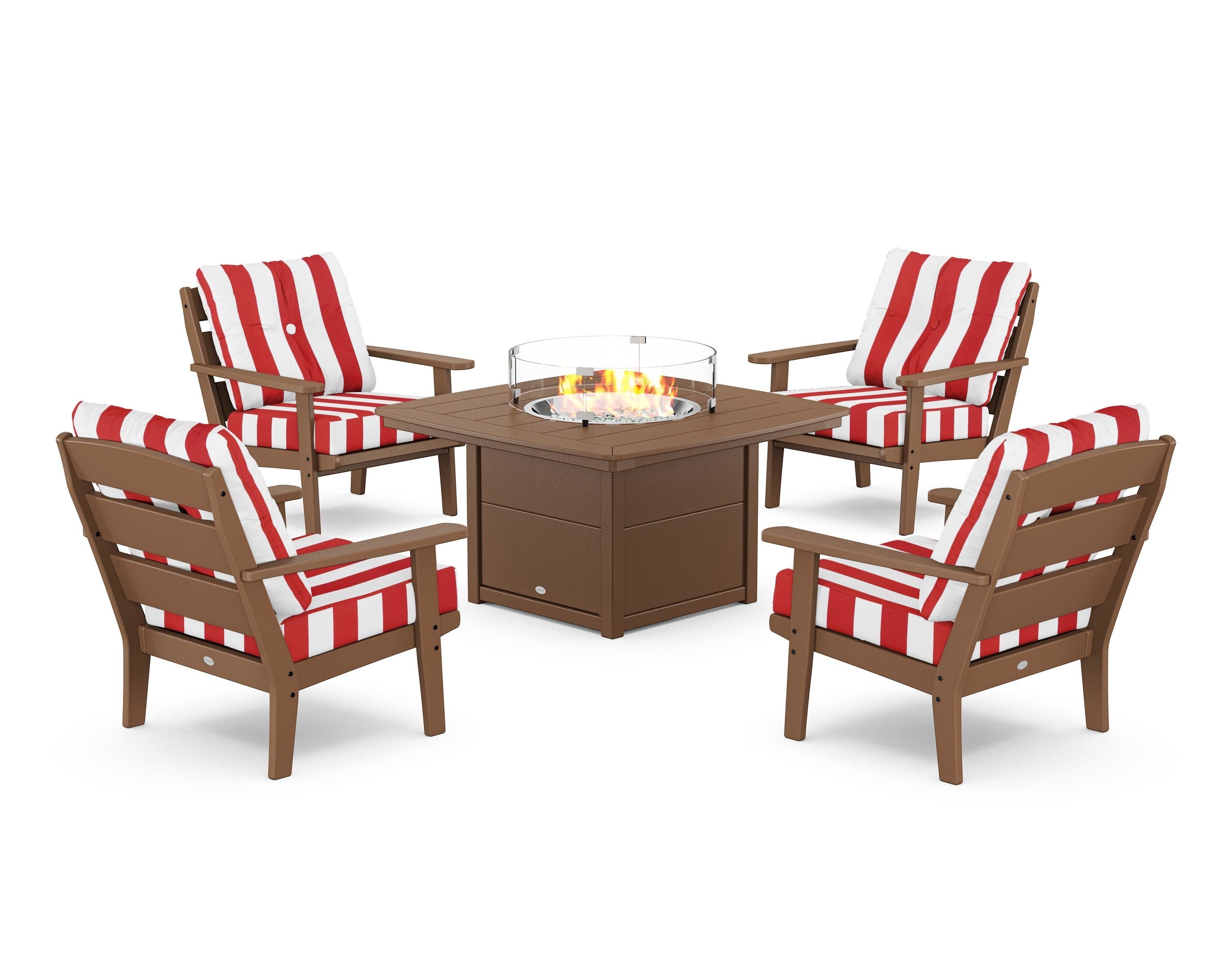 POLYWOOD® Lakeside 5-Piece Deep Seating Set with Nautical Fire Pit Table in Teak / Cabana Stripe Crimson