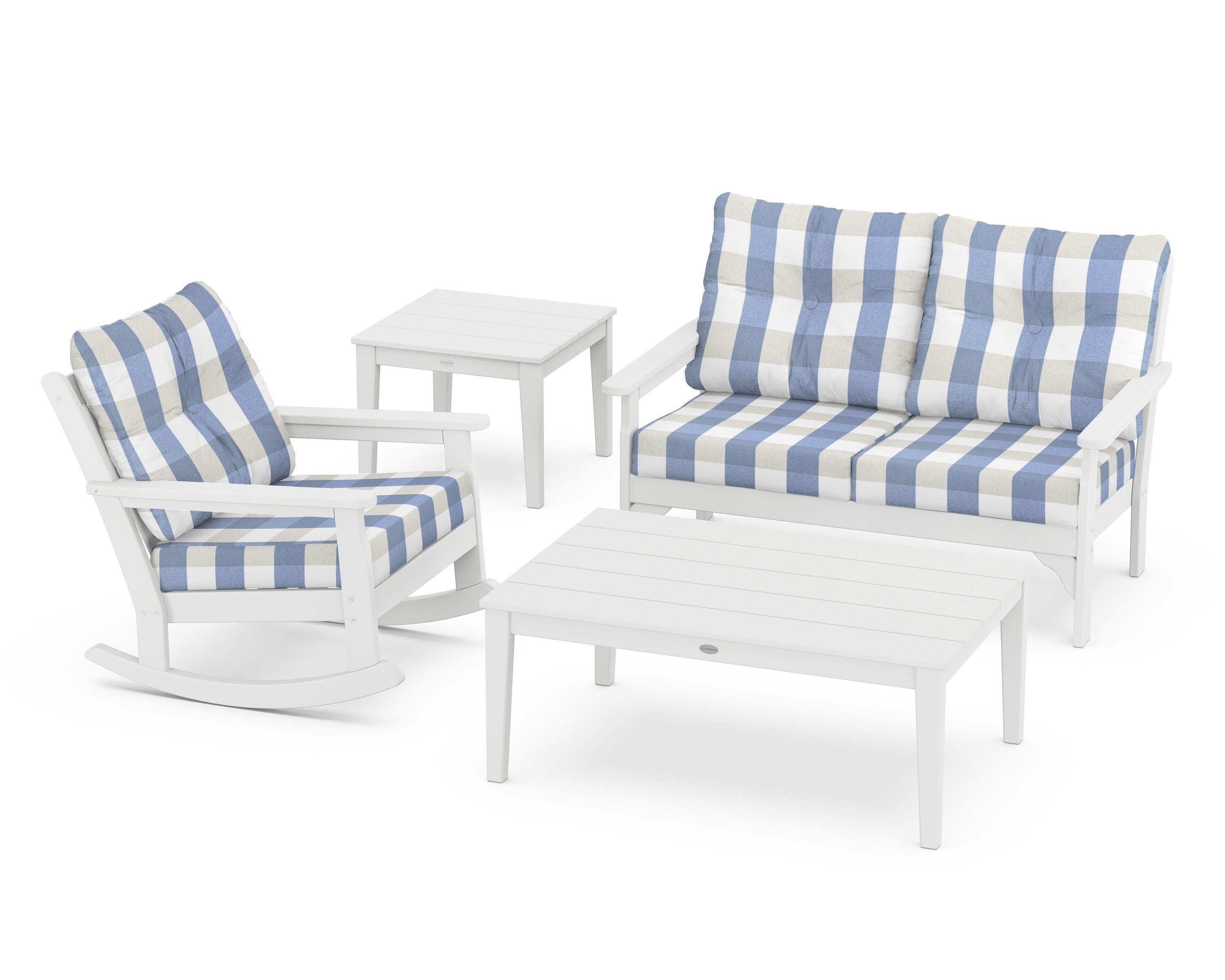 POLYWOOD® Vineyard 4-Piece Deep Seating Rocker Set in White / Buffalo Plaid Sky Blue
