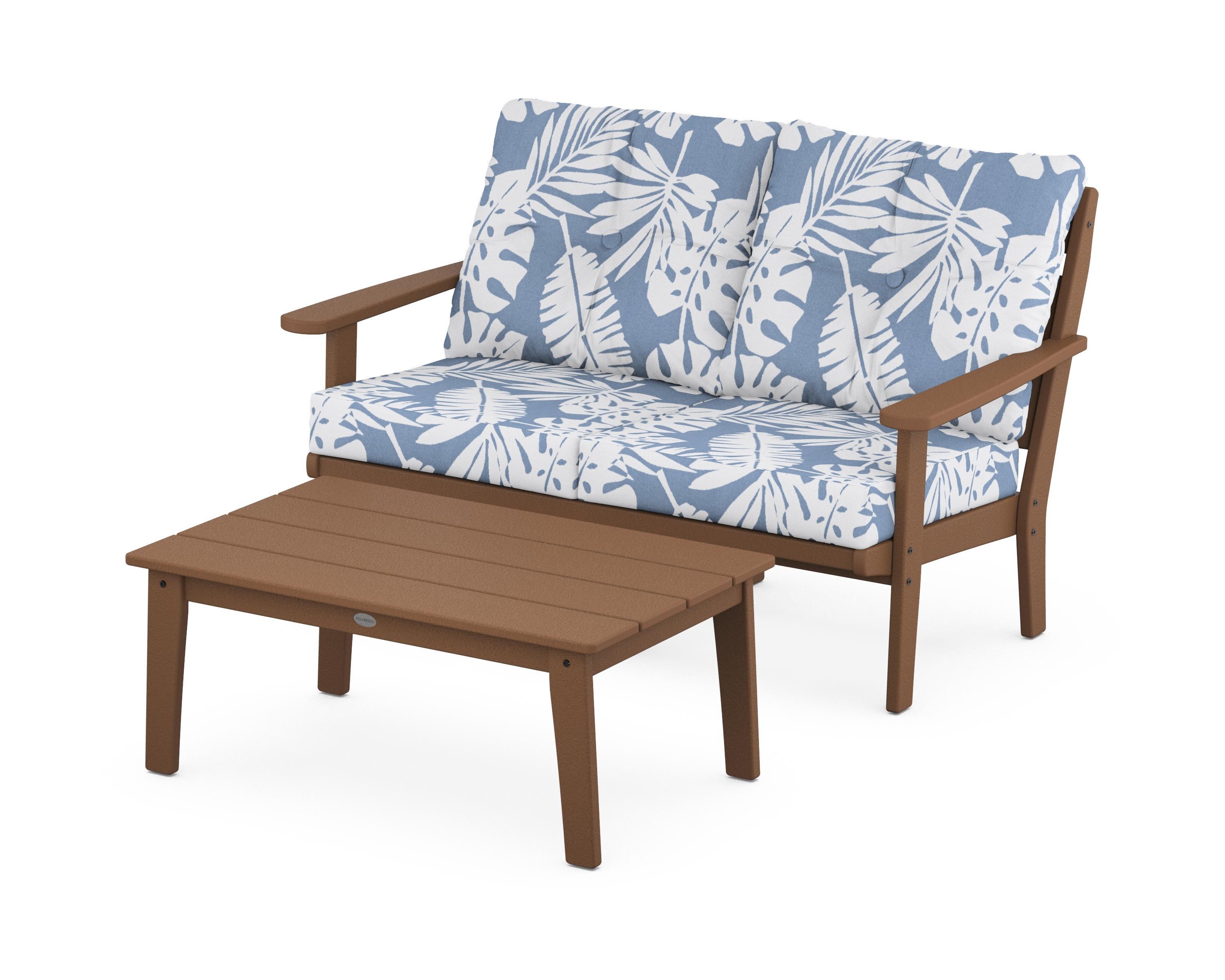 POLYWOOD® Lakeside 2-Piece Lounge Loveseat Set in Teak / Leaf Sky Blue