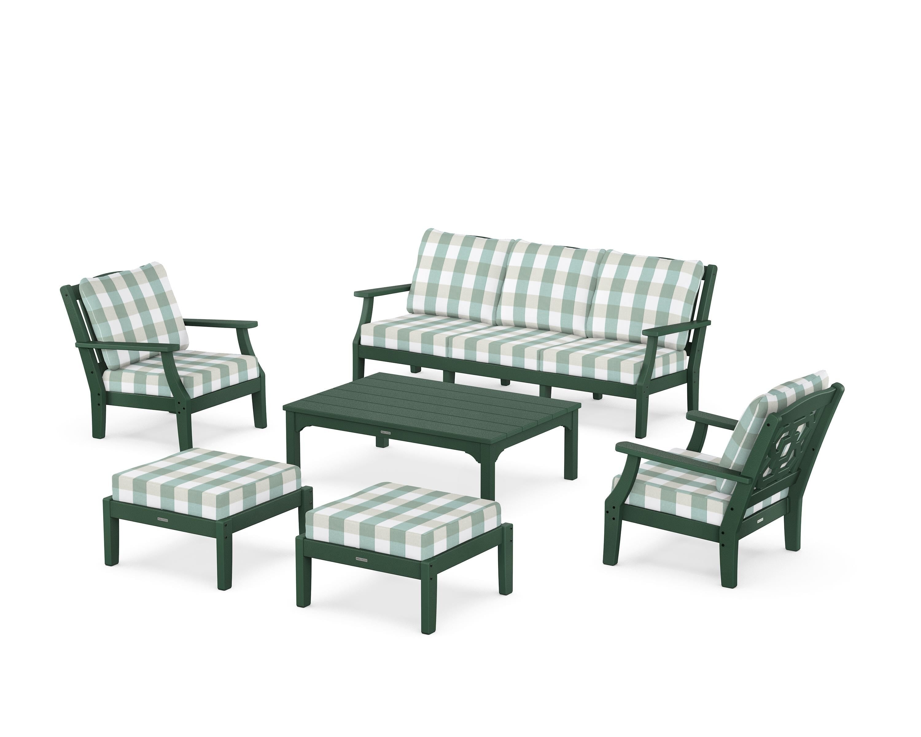 Martha Stewart by POLYWOOD® Chinoiserie 6-Piece Lounge Sofa Set in Green / Buffalo Plaid Glacier Spa