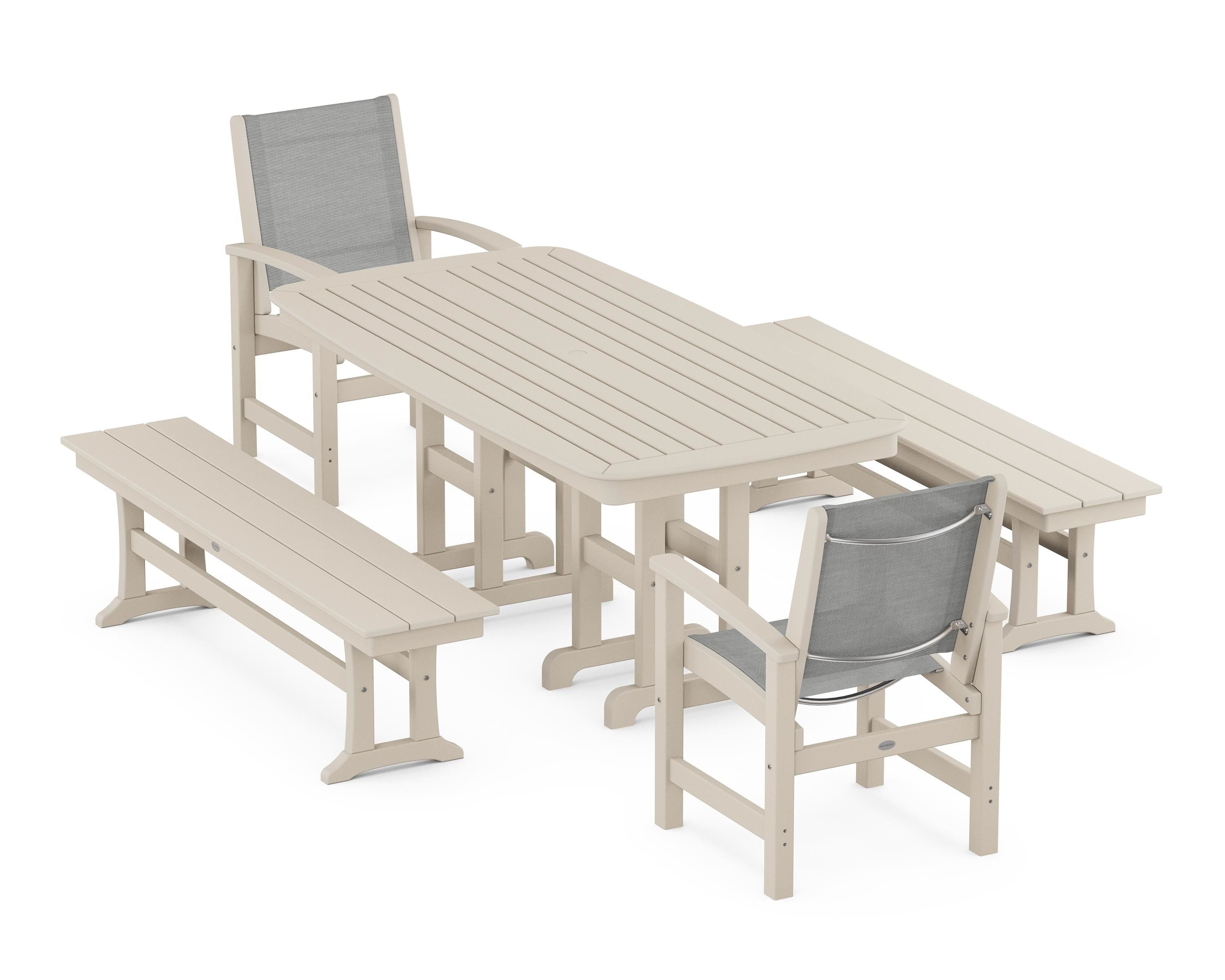 POLYWOOD® Coastal 5-Piece Dining Set in Sand / Metallic Sling