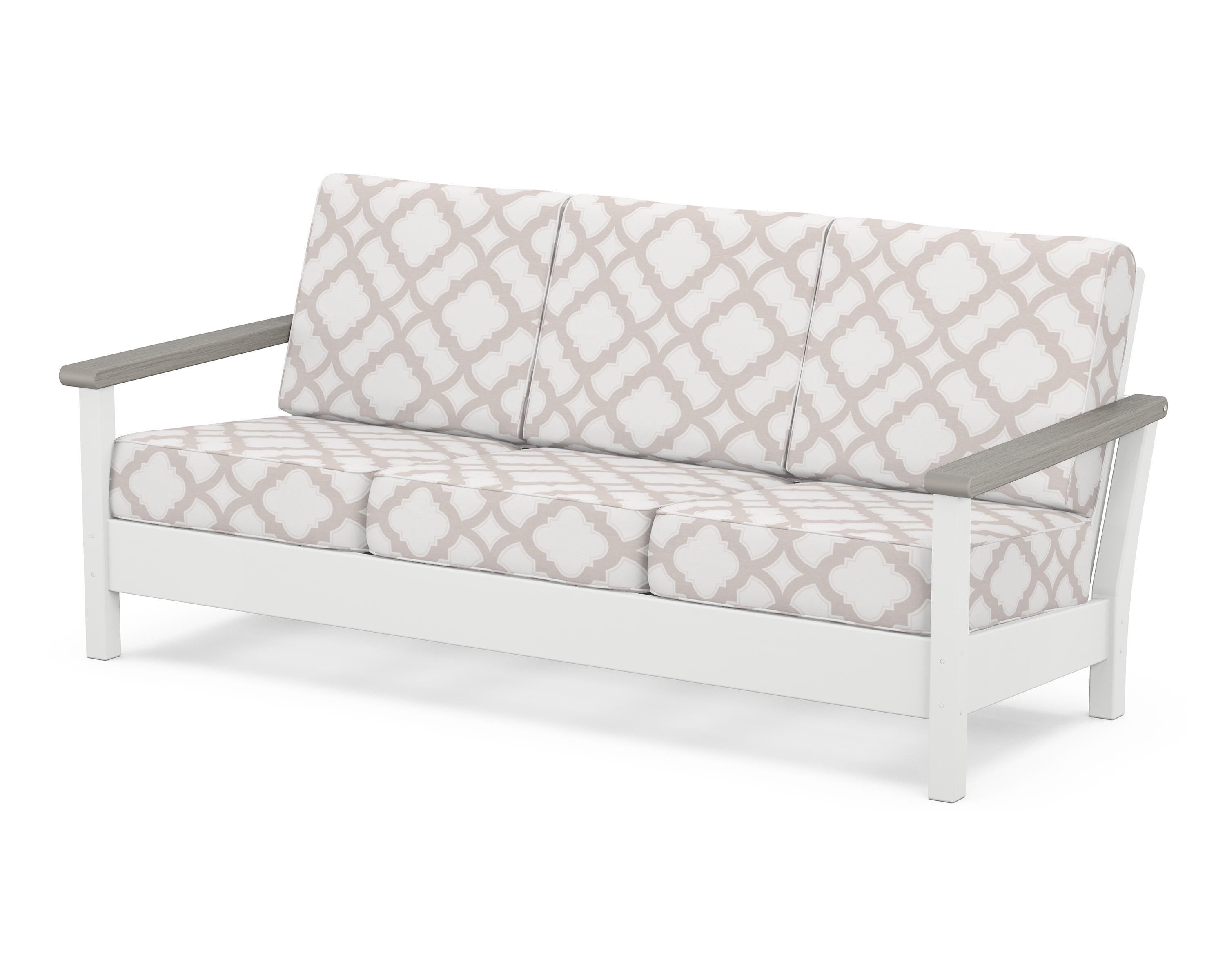 POLYWOOD® Harbour Deep Seating Sofa in White / Driftwood / Trellis Dune Burlap