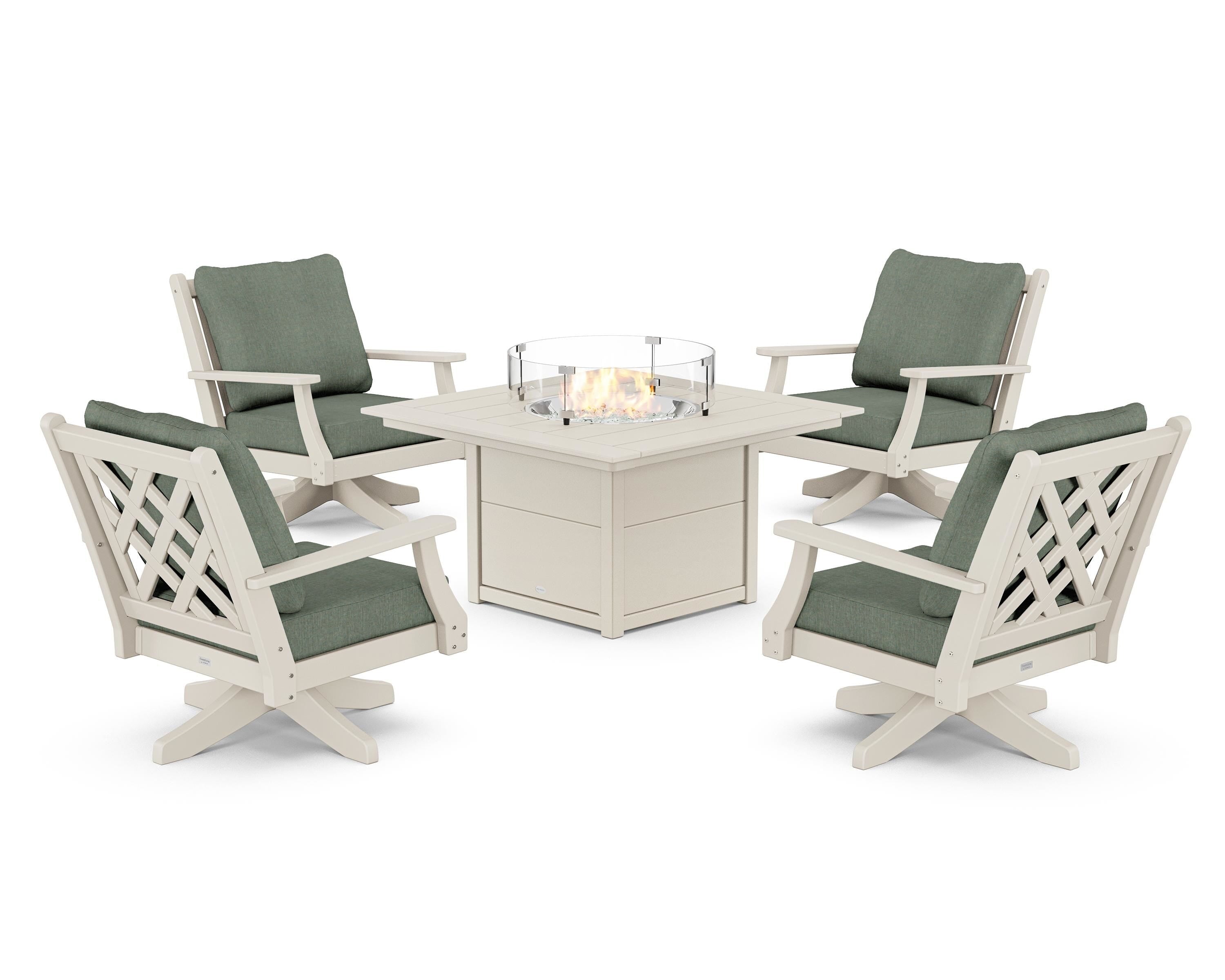 Country Living Wovendale 5-Piece Deep Seating Swivel Conversation Set with Fire Pit Table in Sand / Cast Sage