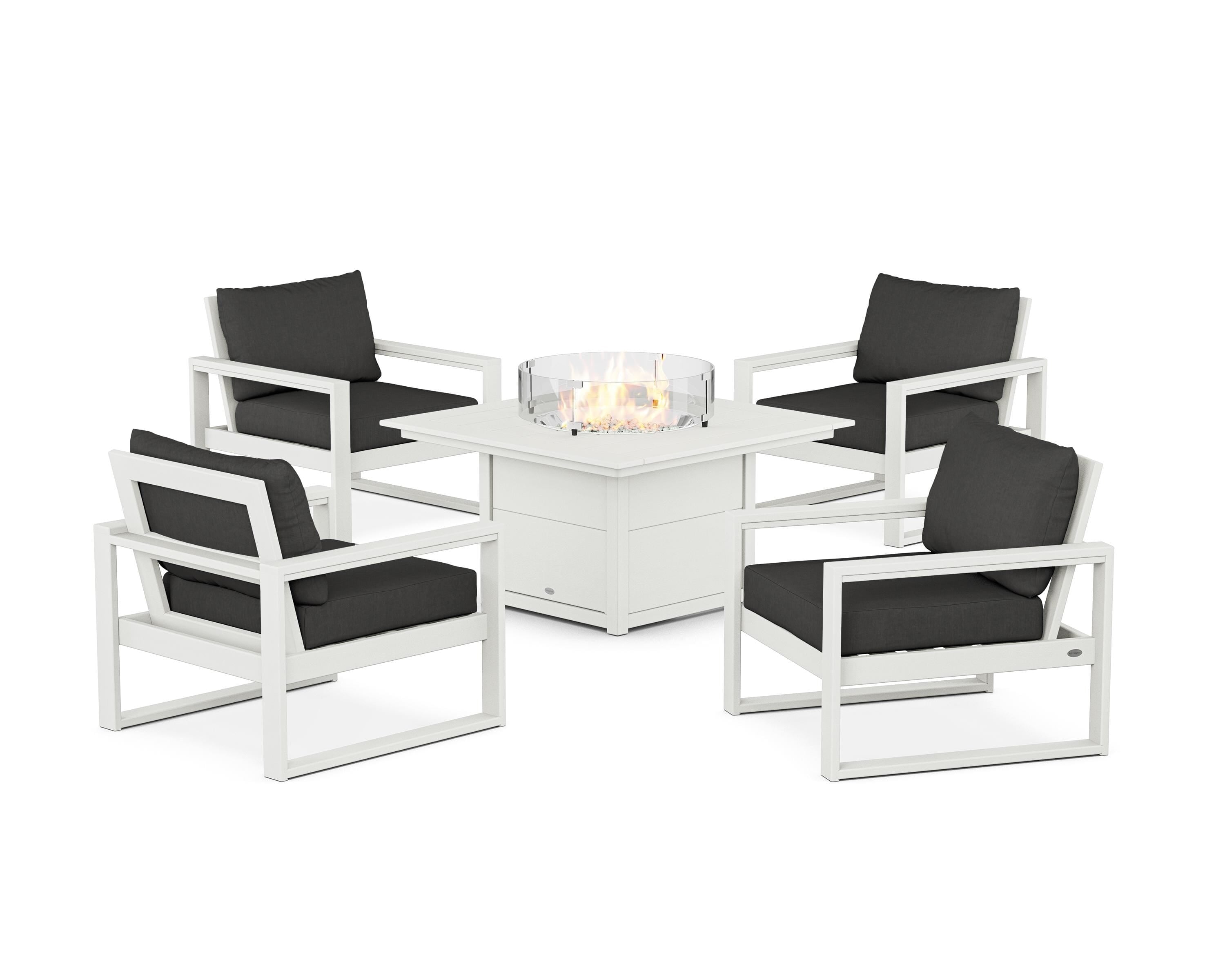 POLYWOOD® EDGE Sectional 5-Piece Deep Seating Set with Fire Pit Table in Vintage White / Spectrum Carbon