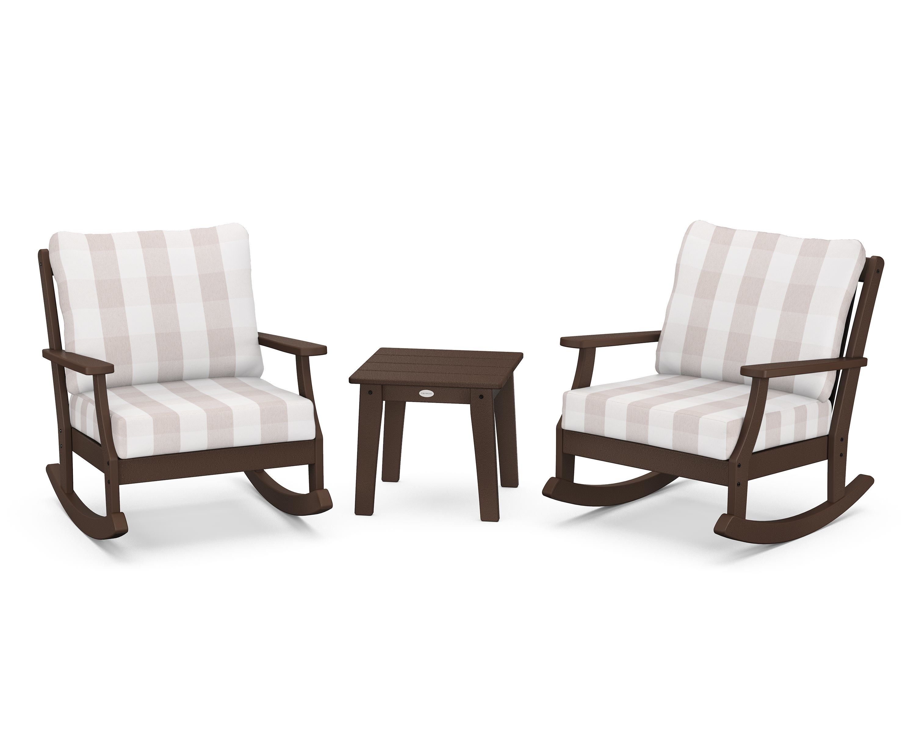 POLYWOOD® Braxton 3-Piece Deep Seating Rocker Set in Mahogany / Buffalo Plaid Dune Burlap