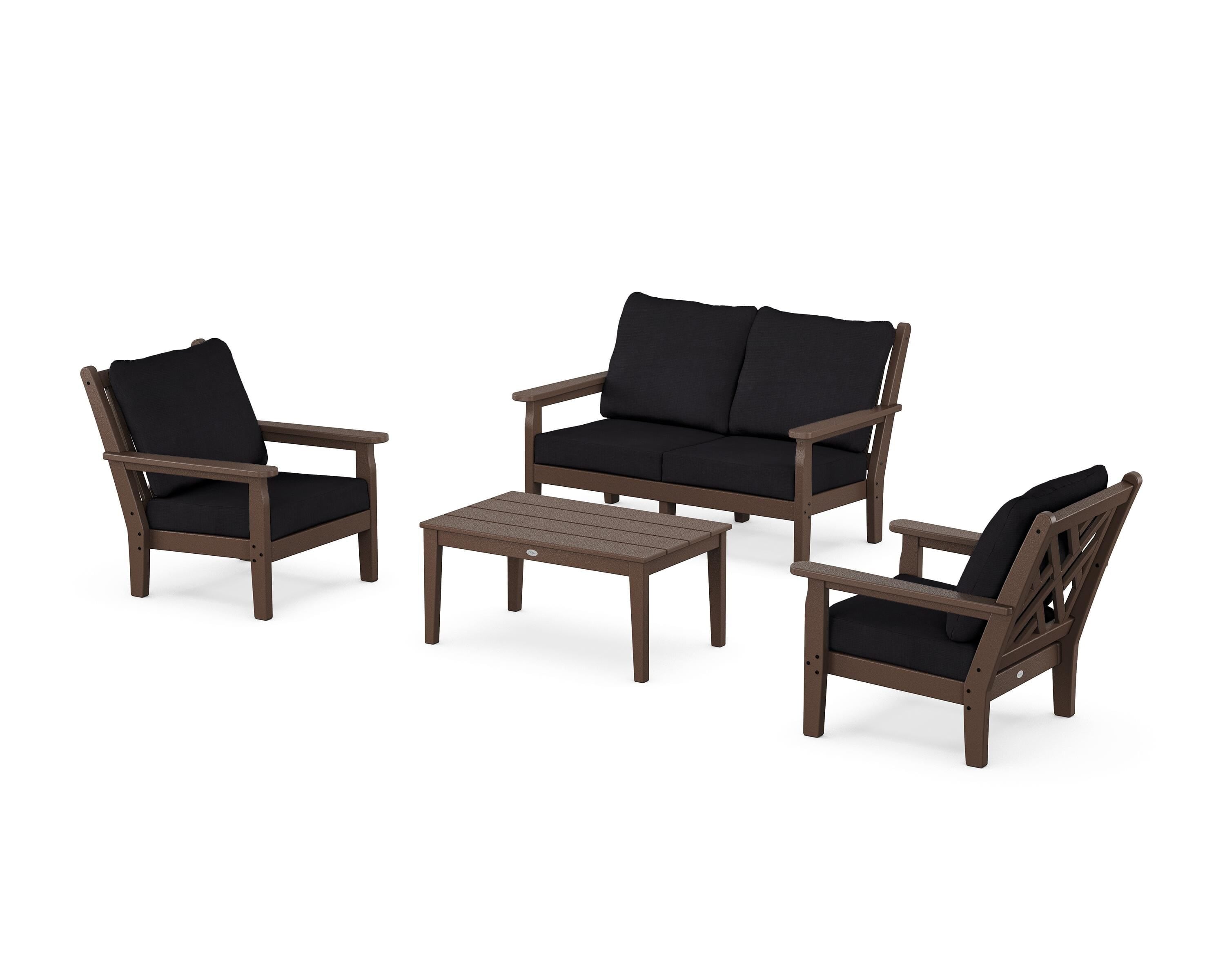 POLYWOOD® Chippendale 4-Piece Deep Seating Set with Loveseat in Mahogany / Midnight Linen