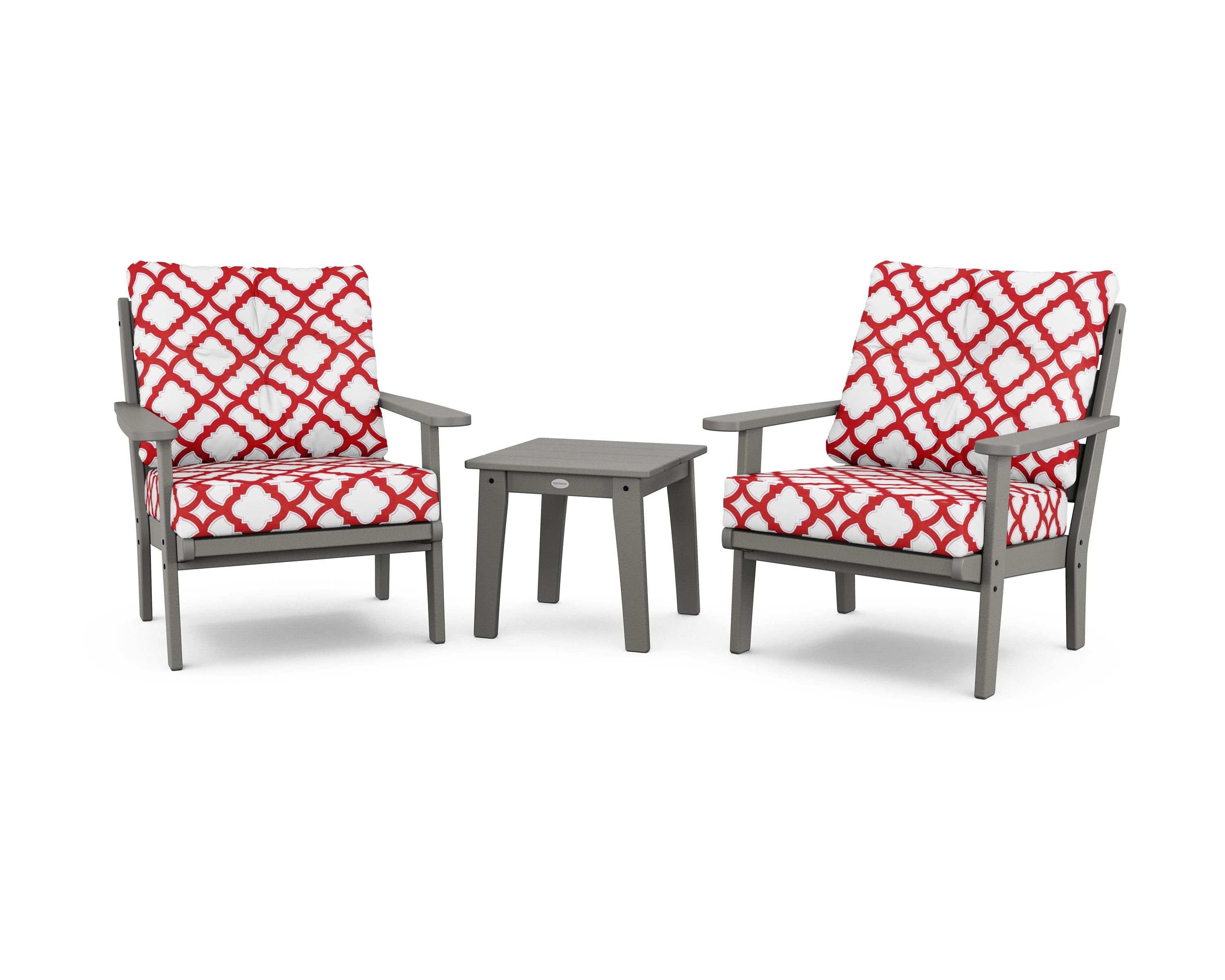 POLYWOOD® Lakeside 3-Piece Deep Seating Chair Set in Slate Grey / Trellis Crimson