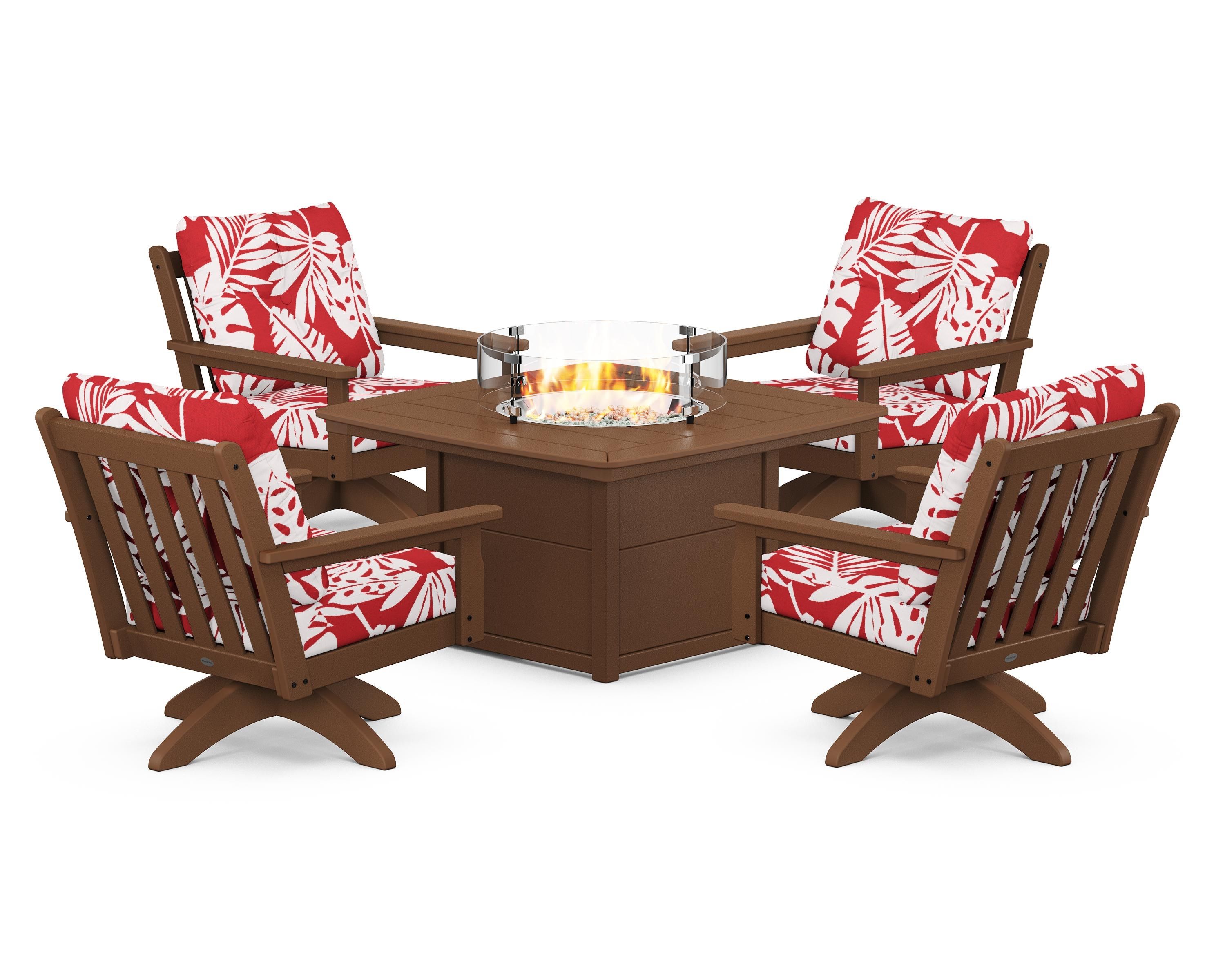 POLYWOOD® Vineyard 5-Piece Deep Seating Swivel Conversation Set with Fire Pit Table in Teak / Leaf Crimson