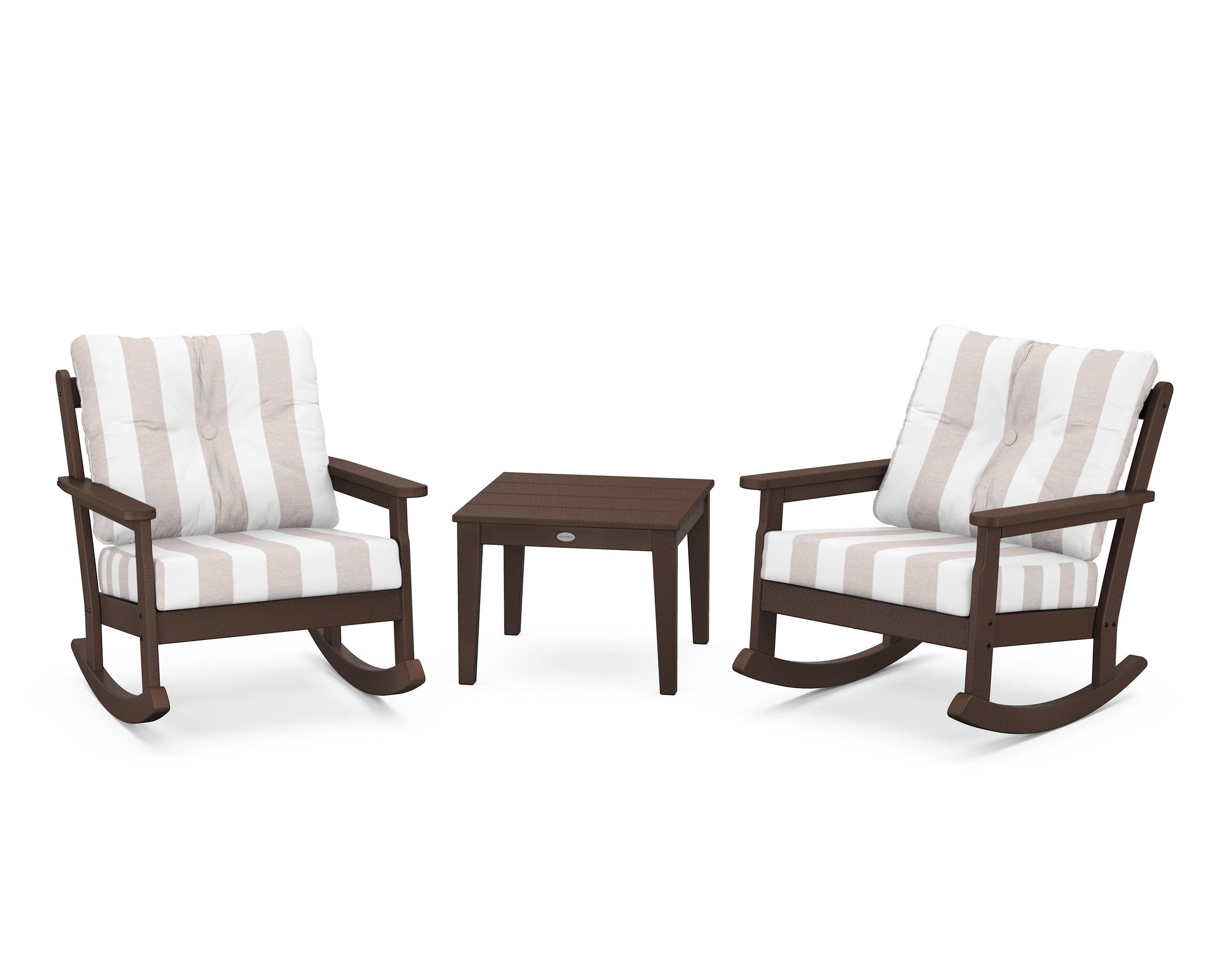 POLYWOOD® Vineyard 3-Piece Deep Seating Rocker Set in Mahogany / Cabana Stripe Dune Burlap
