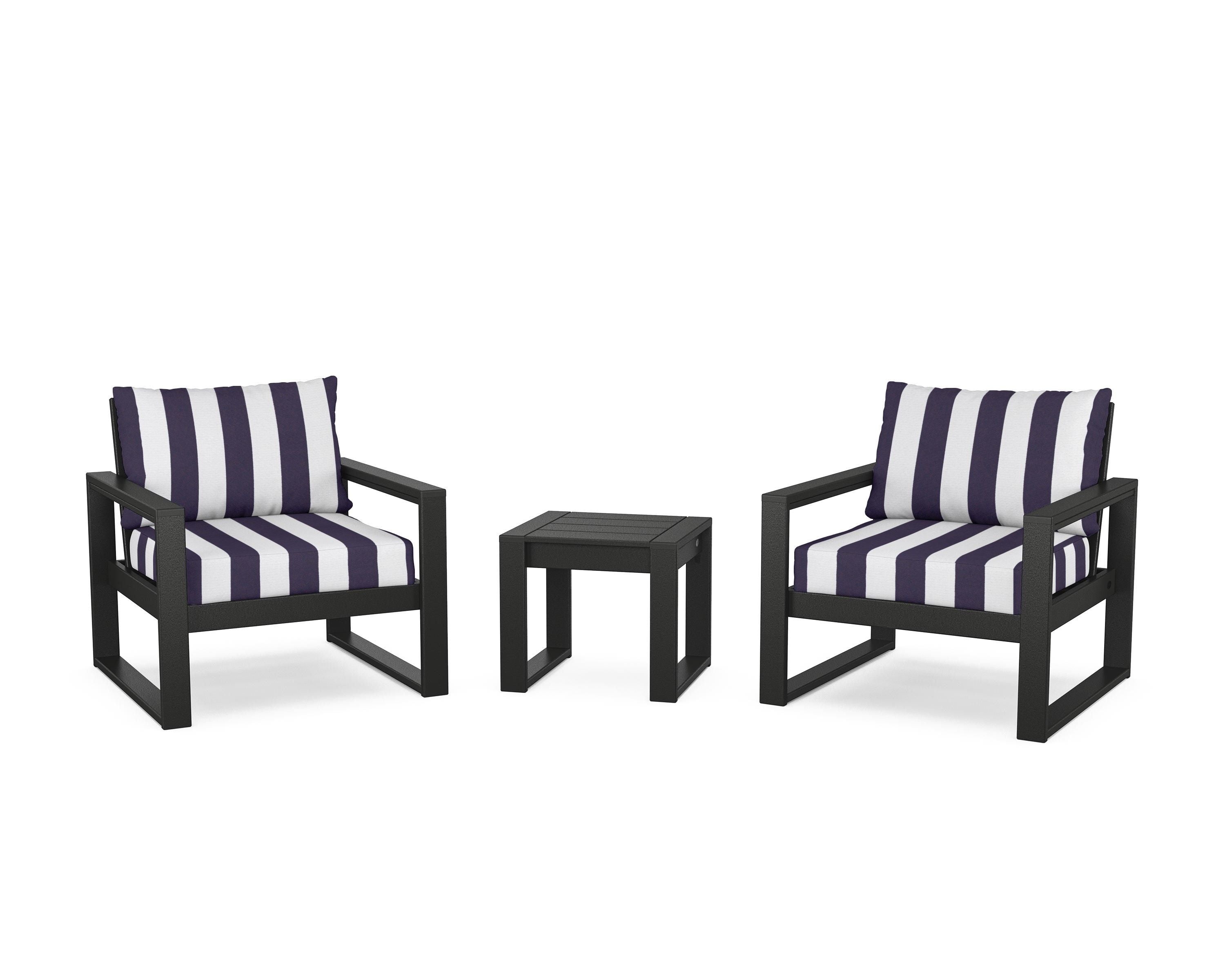 POLYWOOD® EDGE Sectional 3-Piece Deep Seating Set in Black / Cabana Stripe Navy