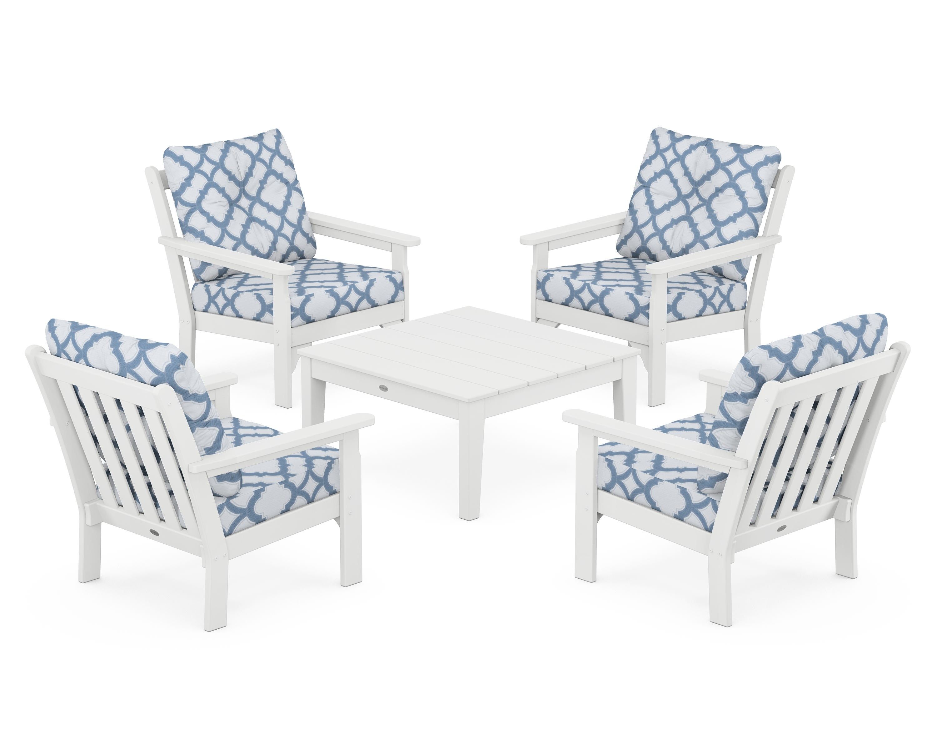 POLYWOOD® Vineyard 5-Piece Deep Seating Conversation Set in White / Trellis Sky Blue