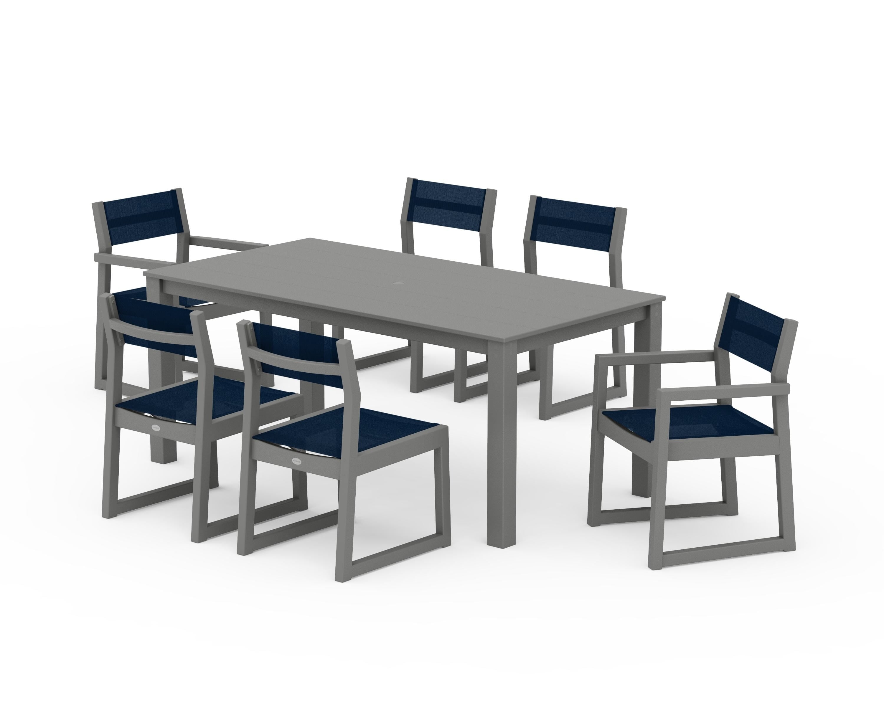 POLYWOOD® EDGE Sling 7-Piece Parsons Dining Set in Slate Grey / Navy Blue Sling