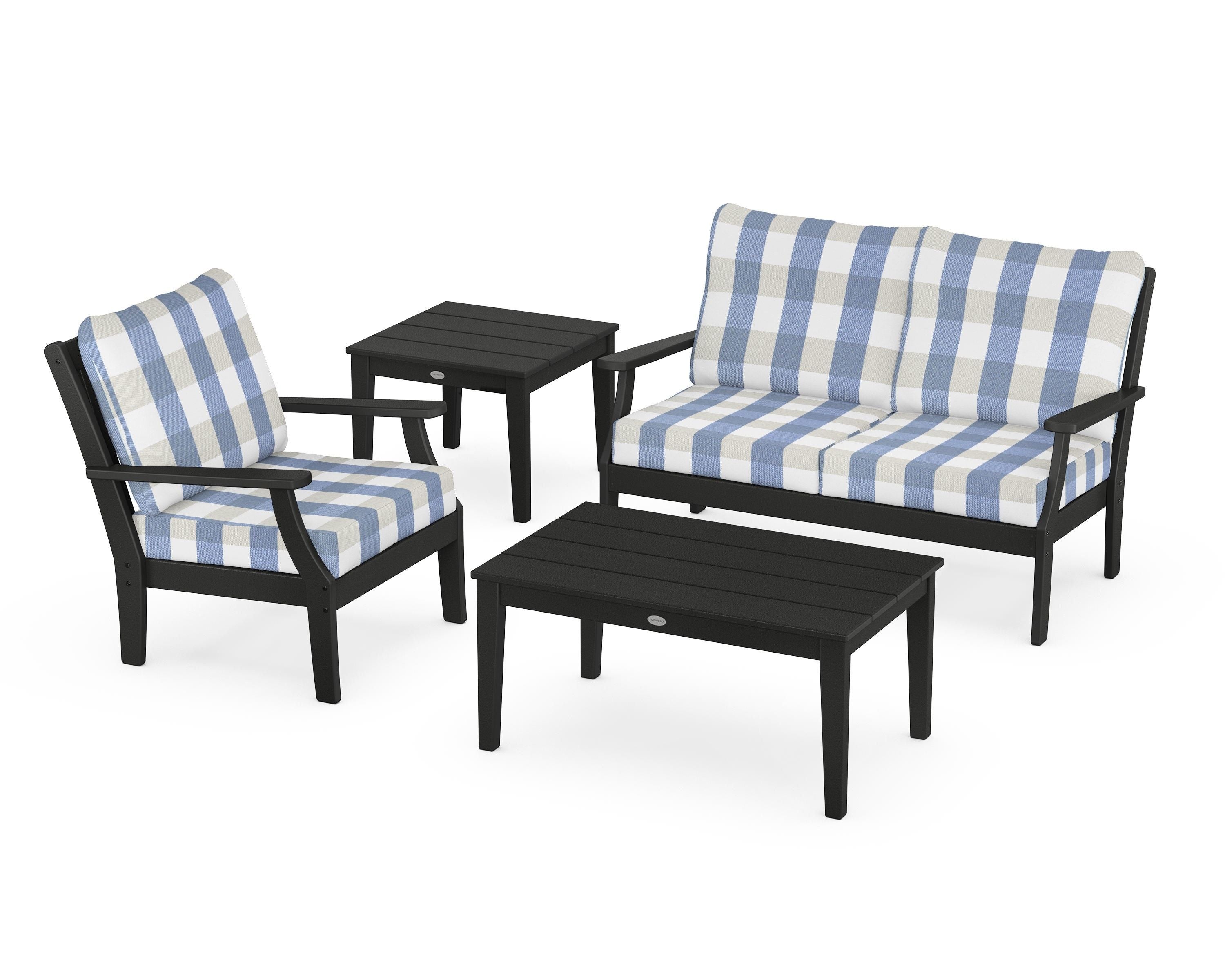 POLYWOOD® Braxton 4-Piece Deep Seating Set in Black / Buffalo Plaid Sky Blue