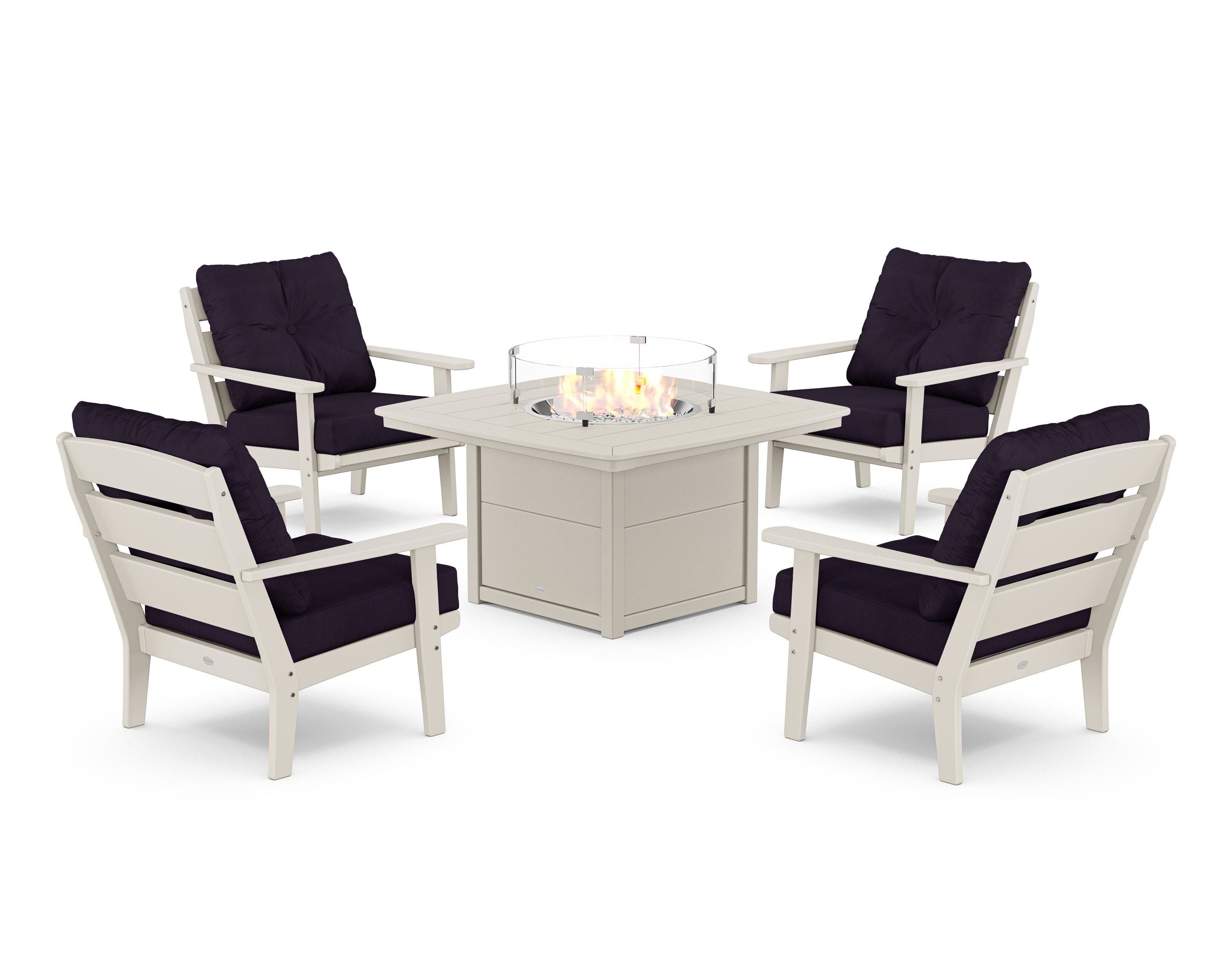 POLYWOOD® Lakeside 5-Piece Deep Seating Set with Nautical Fire Pit Table in Sand / Navy Linen