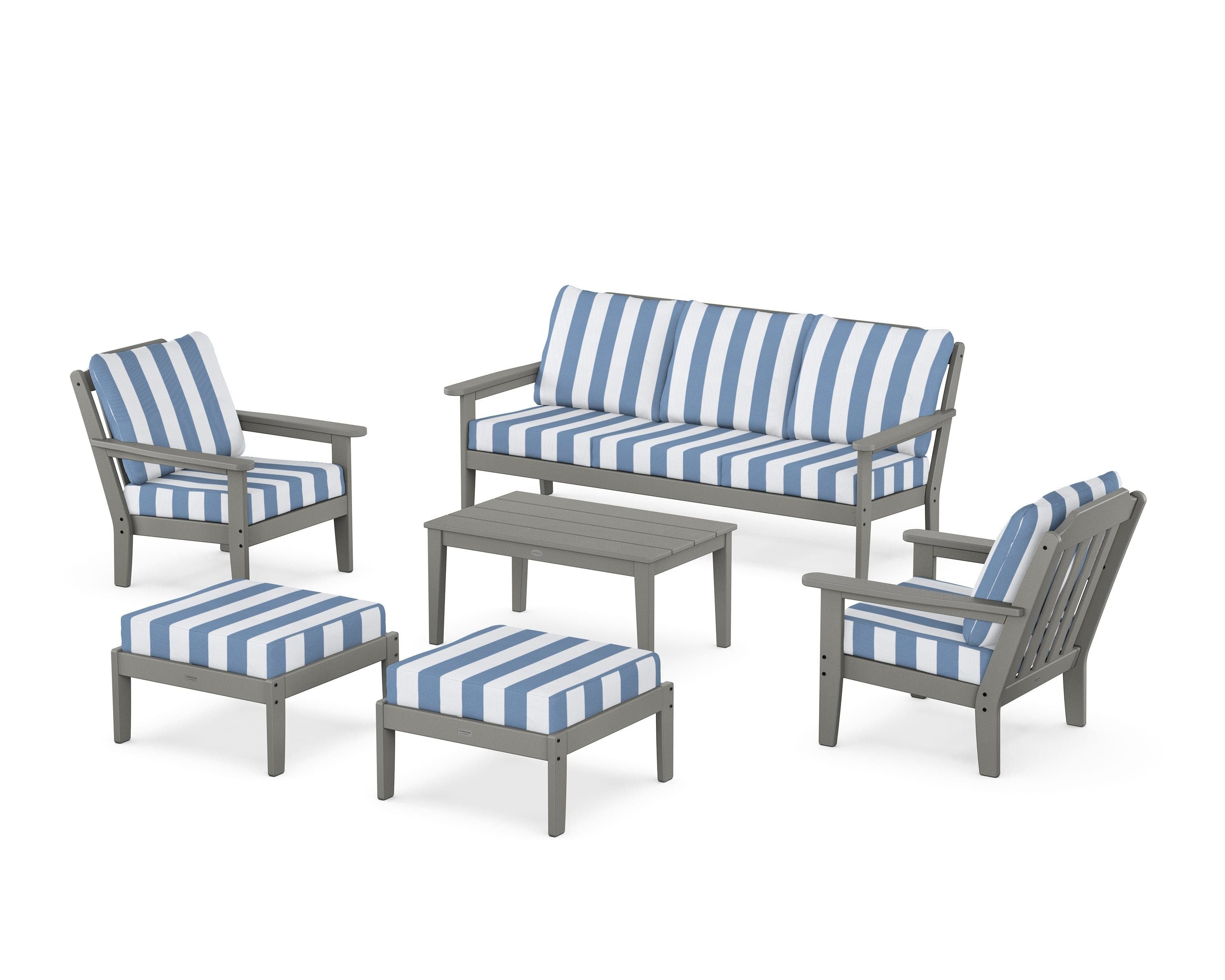 Country Living Cottage 6-Piece Lounge Sofa Set in Slate Grey / Cabana Stripe Sky Blue