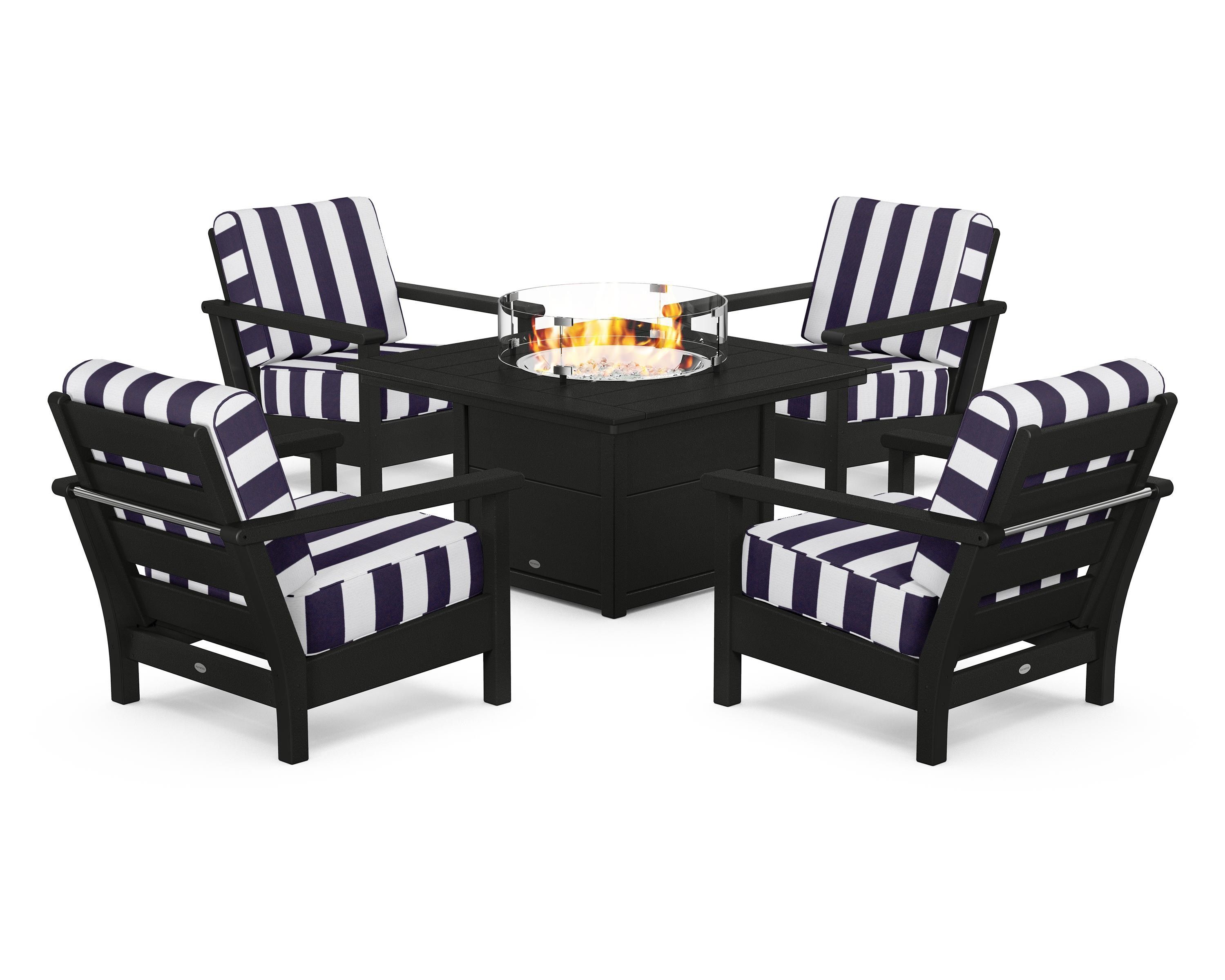POLYWOOD® Harbour 5-Piece Conversation Set with Fire Pit Table in Black / Cabana Stripe Navy
