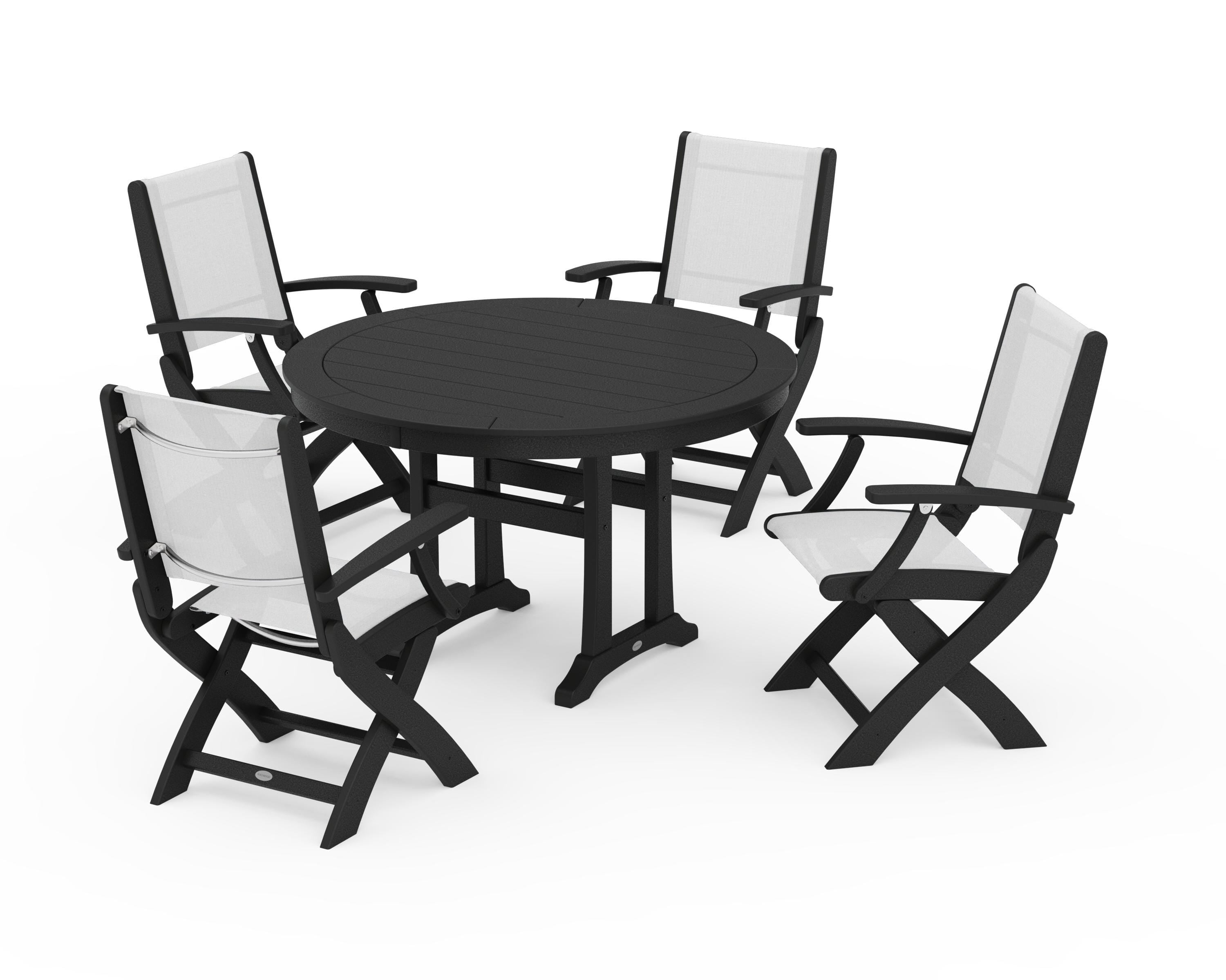 POLYWOOD® Coastal Folding Chair 5-Piece Round Dining Set with Trestle Legs in Black / White Sling