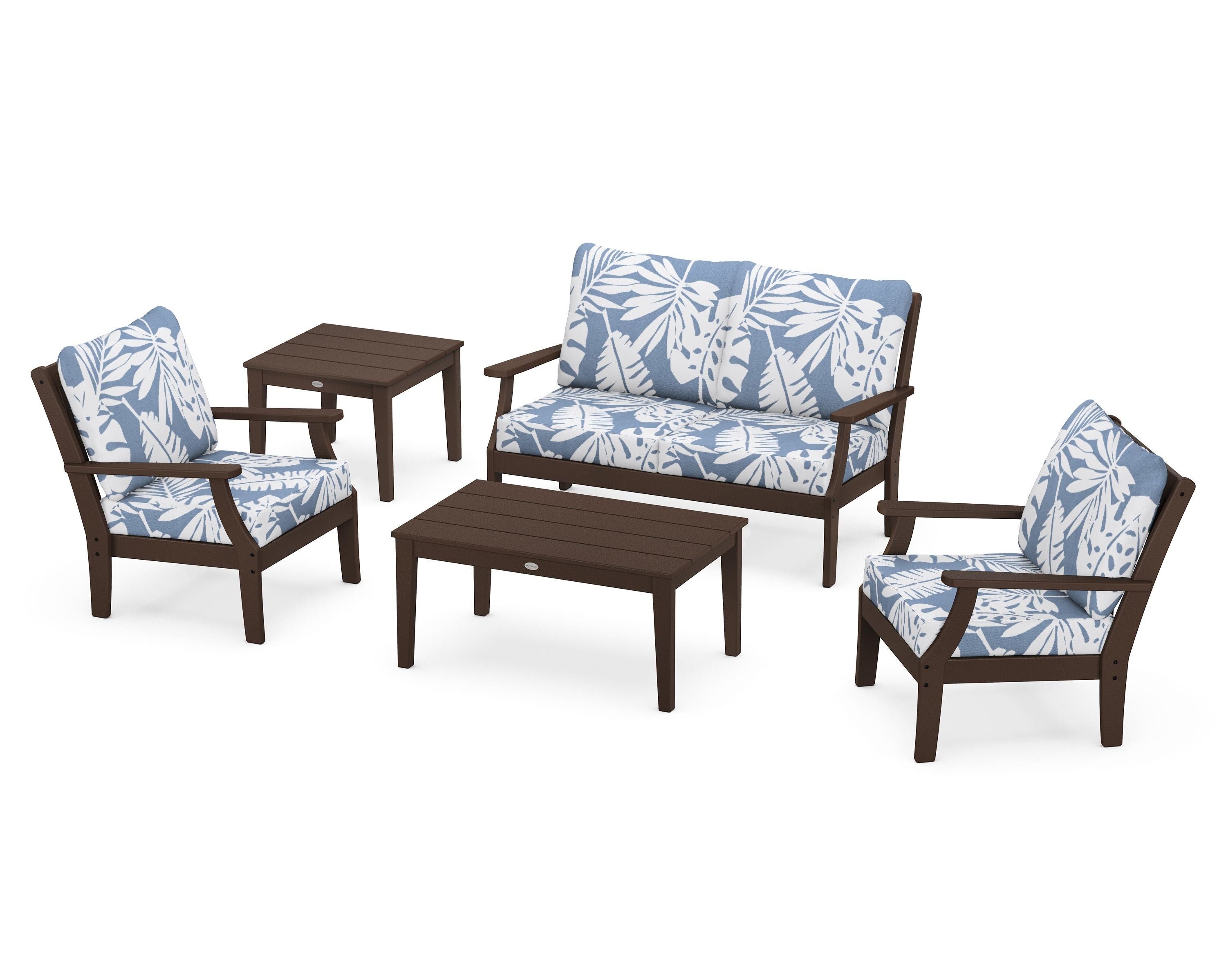 POLYWOOD® Braxton 5-Piece Deep Seating Set in Mahogany / Leaf Sky Blue