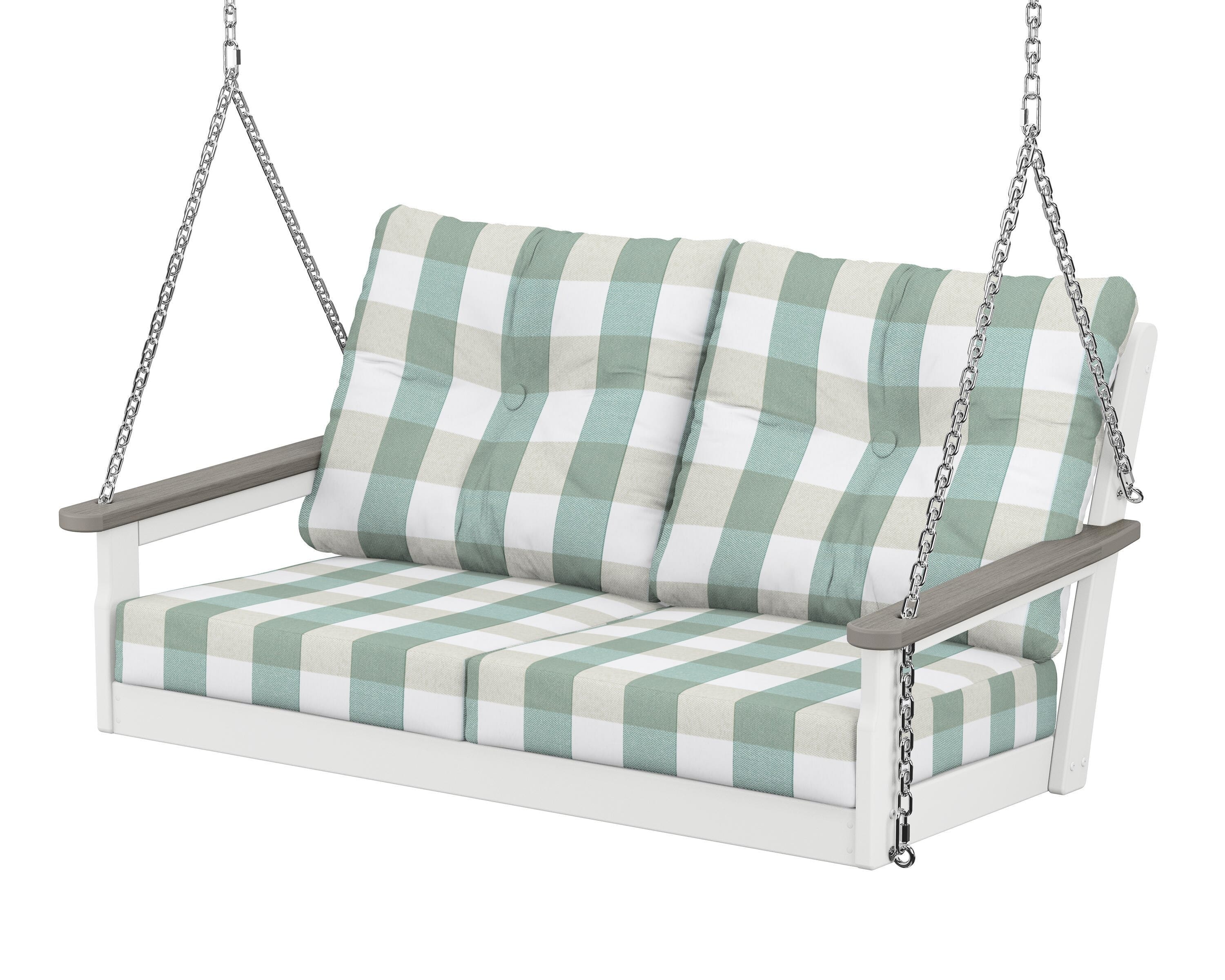 POLYWOOD® Vineyard Deep Seating Swing in White / Driftwood / Buffalo Plaid Glacier Spa