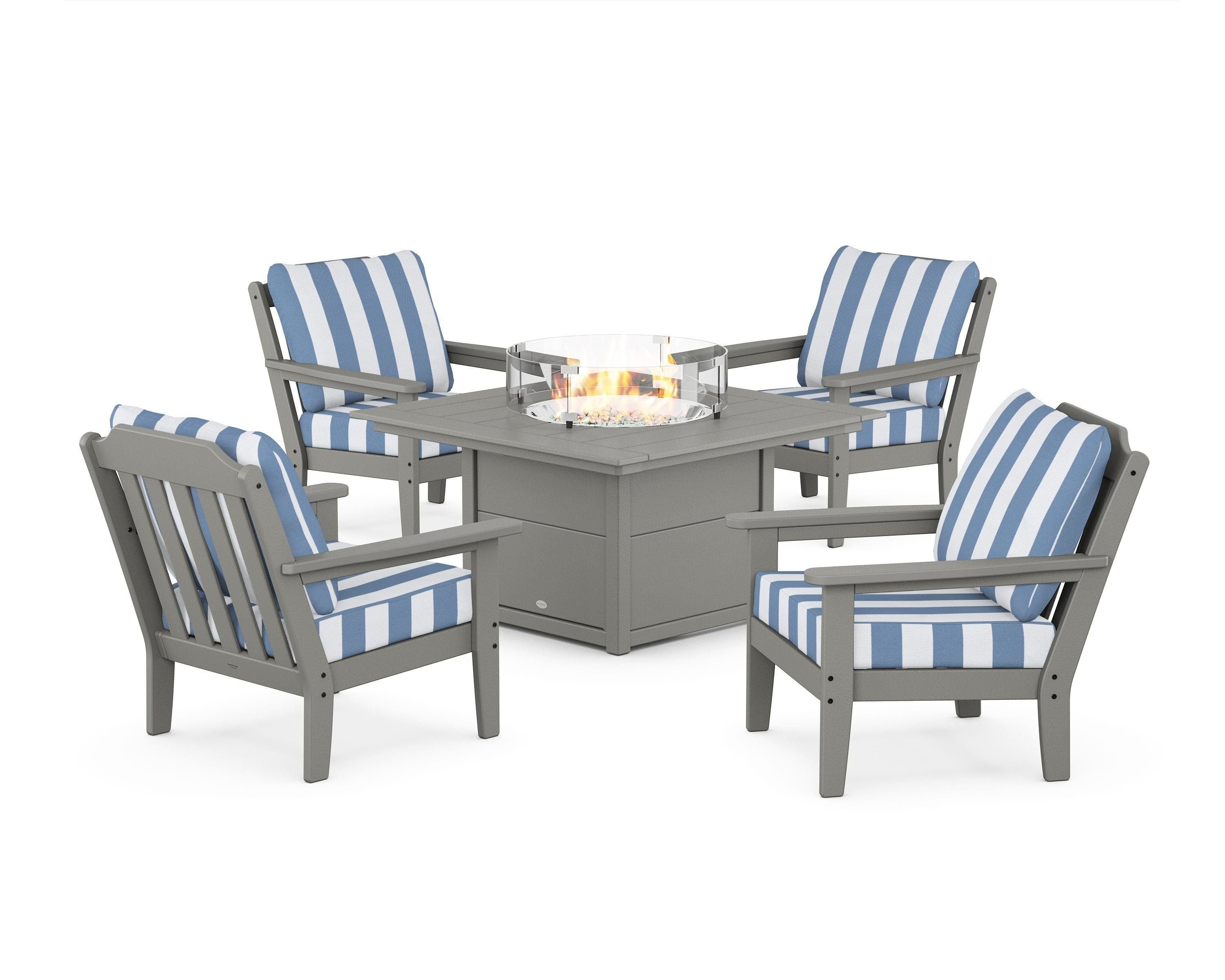 Country Living Cottage 5-Piece Deep Seating Set with Fire Pit Table in Slate Grey / Cabana Stripe Sky Blue