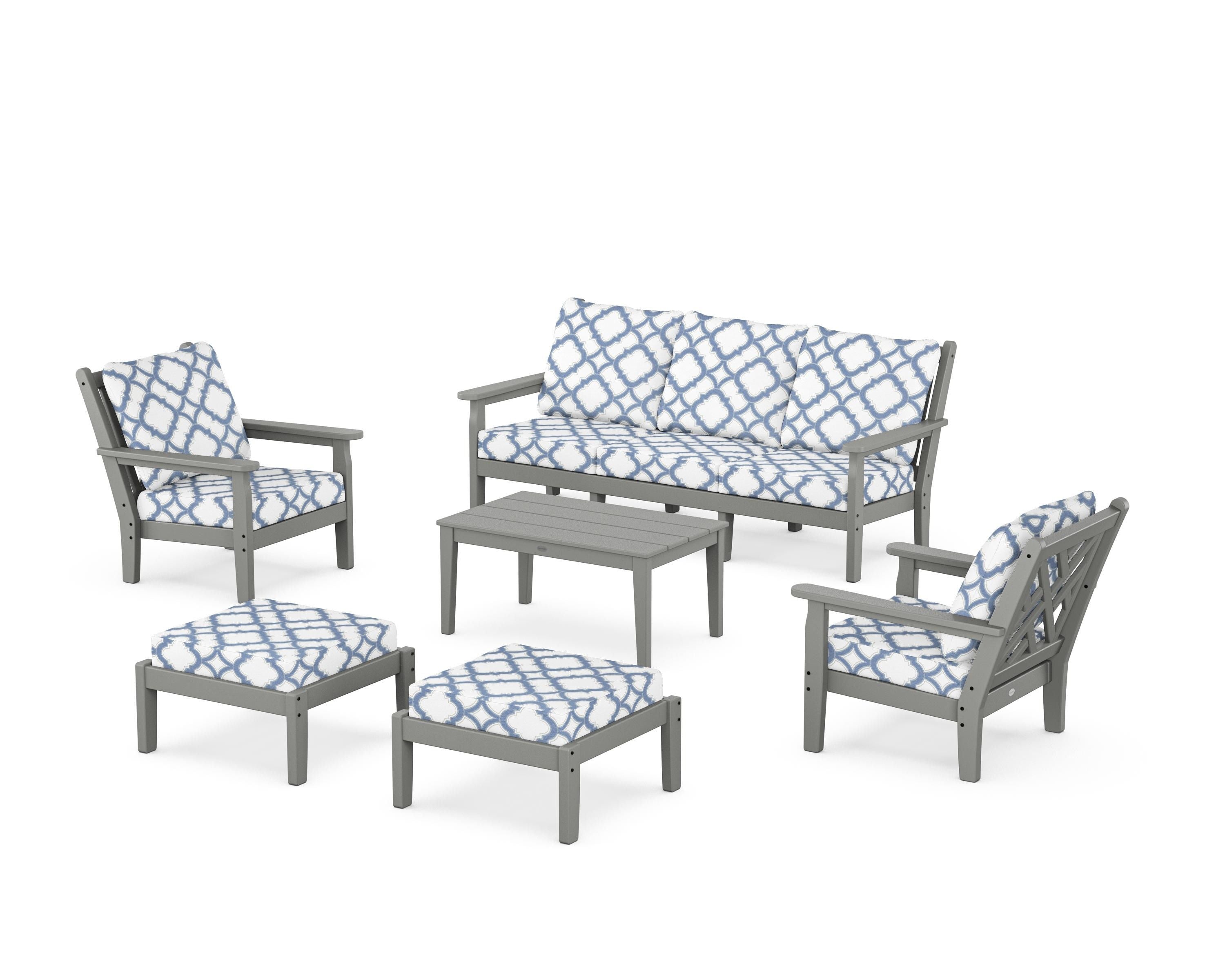 POLYWOOD® Chippendale 6-Piece Lounge Sofa Set in Slate Grey / Trellis Sky Blue